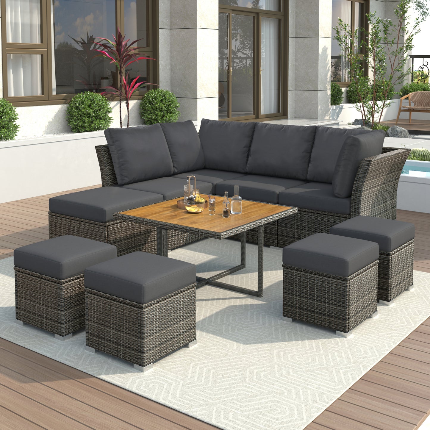 U_STYLE Patio Furniture Set, 10 Piece Outdoor Conversation Set, CoffeeTable with Ottomans, Solid wood coffee table WY000378AAE