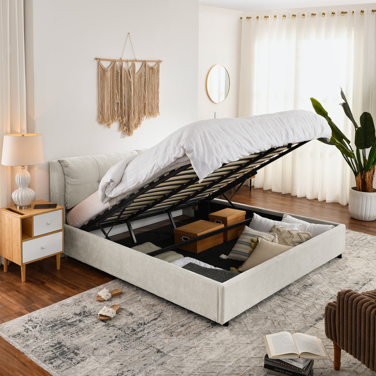 King Size Storage Upholstered Hydraulic Platform Bed with Integrated Headboard, Chenille Fabric, Beige W1413S00062