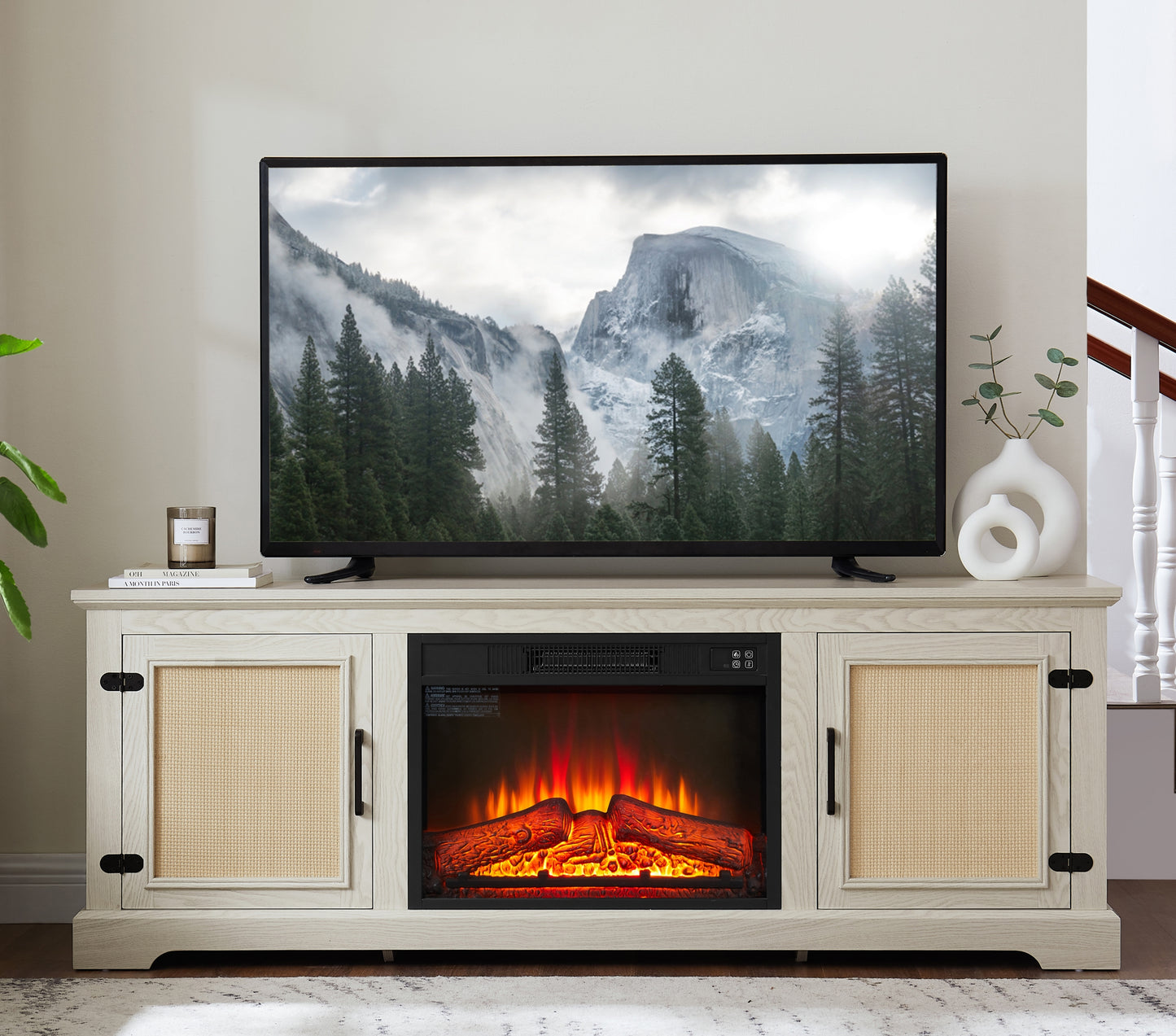 Natural Rattan Door Cabinet with Adjustable Shelf Wood, Farmhouse Rattan TV Stand Console Table for TVs up to 70 Inches, Storage tv stand with 23' fireplace insert, 65'W*15.55'D*23.86'H, White W1758S00021