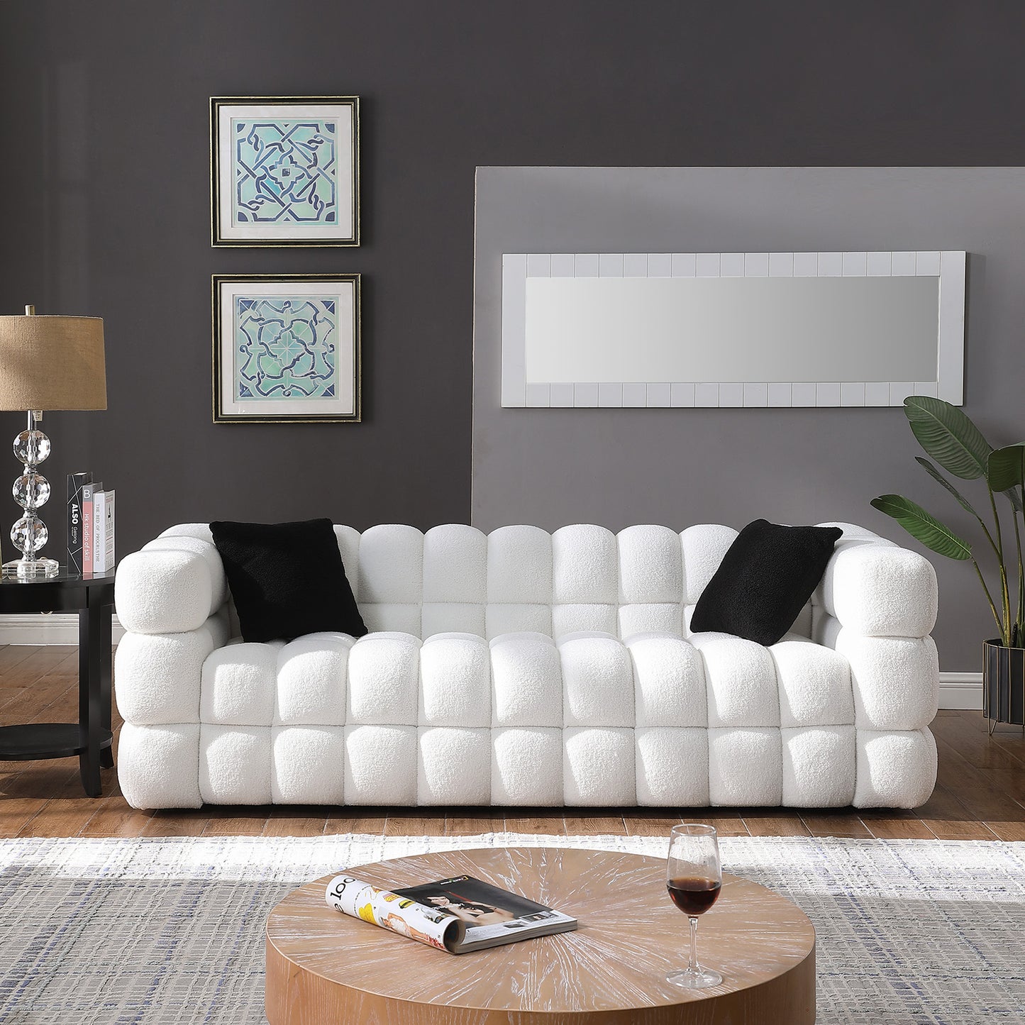 84.3 length ,35.83' deepth ,human body structure for USA people, marshmallow sofa,boucle sofa ,White color,3 seater W1099S00071