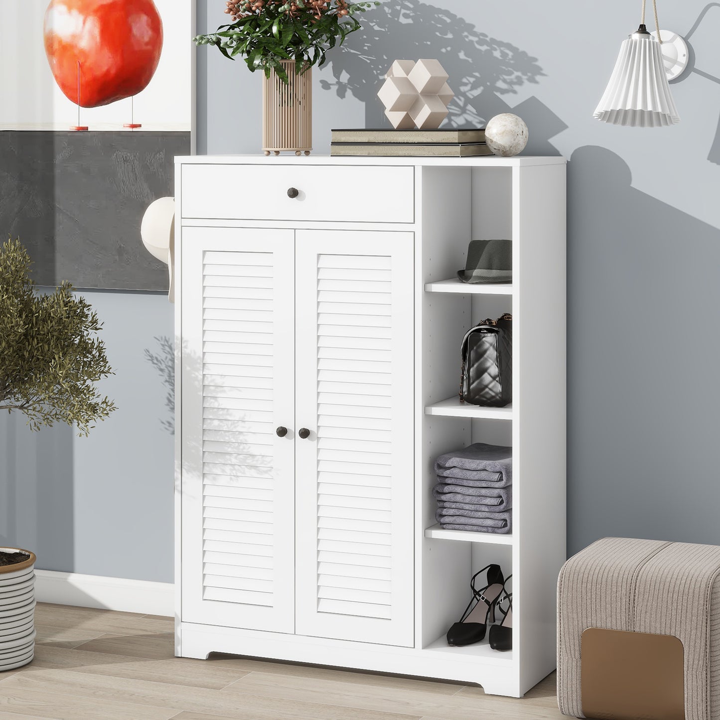 Freestanding Shoe Rack Organizer with 2 Shutter Door, Entryway Narrow Shoe Storage with Adjustable Storage Shelf &Top Drawer, Modern Slim Shoe Cabinet, White W40981155