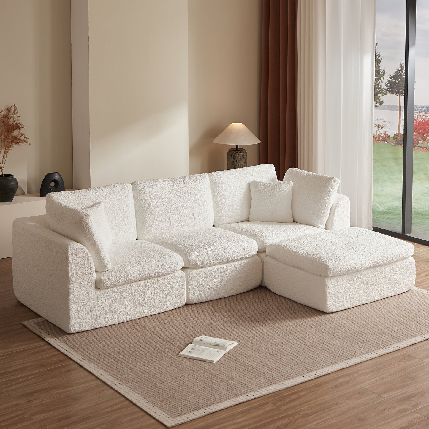 110' Cloud Sectional Couches for Living Room, Convertible L-Shape Couch with Ottoman, 3 Seater Modular Sectional Sofa, Warm White W1359S00017