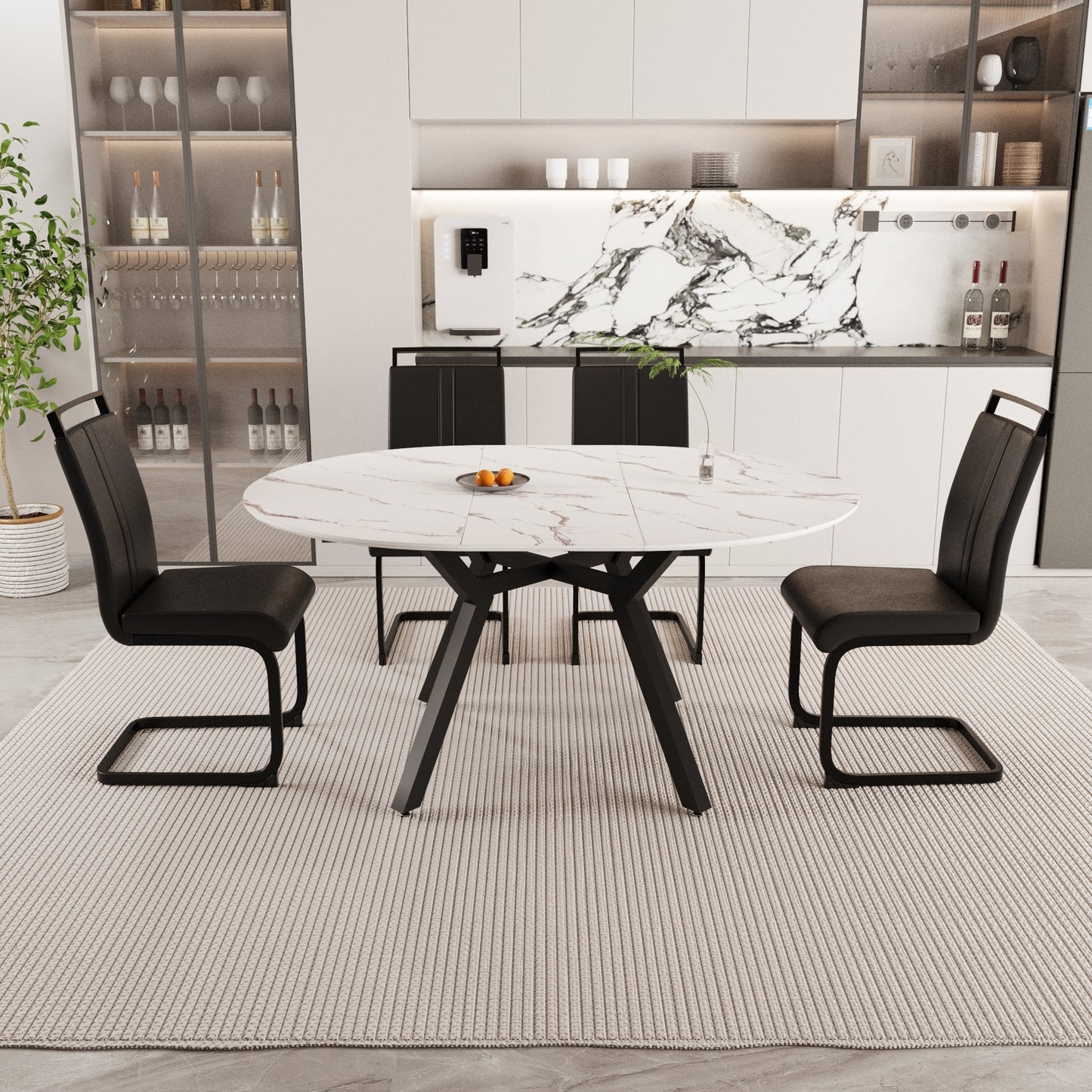 47-63' expandable circular dining table set for 4-6 people, equipped with 4 C-shaped tubular cushioned armless dining chair and an spacious dining table kitchen table and chair set, with metal legs W2189S00276