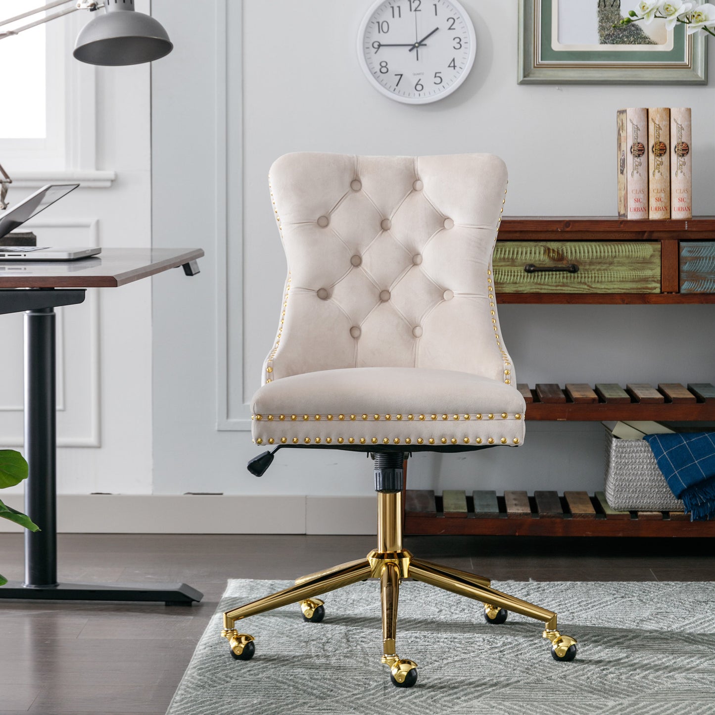A&A Furniture Office Chair,Velvet Upholstered Tufted Button Home Office Chair with Golden Metal Base,Adjustable Desk Chair Swivel Office Chair (Beige) W114378931