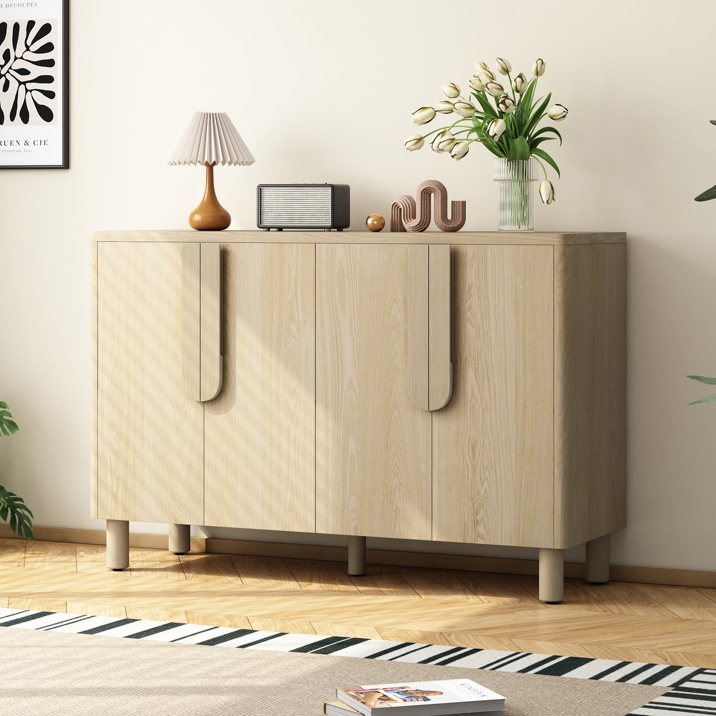 TREXM 4-Door Buffet Cabinet with Storage, Wood Sideboard Cabinet with Unique Arc Handles and Adjustable Shelves for Dining Room, Kitchen, and Living Room (Natural) N715P264916D