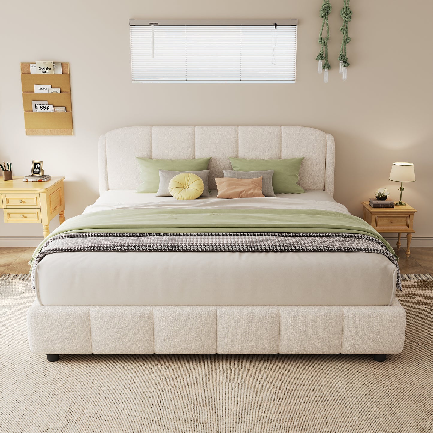 Queen Size Platform Bed with Boucle Fabric, Soft Boucle Fabric Upholstered Platform bed with Curve-Shaped Design Headboard, Beige, Easy Assembly N757P214755I