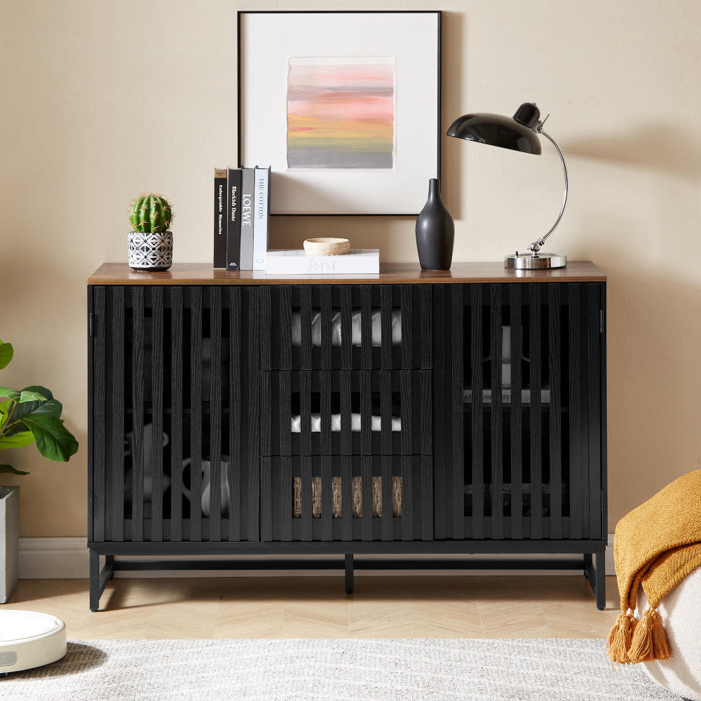 3 Drawer and 4 Shelves Dresser with Slatted Grille Striped Drawer and doors, Modern Style Dresser, High-Quality MDF and Metal Leg W578P193314