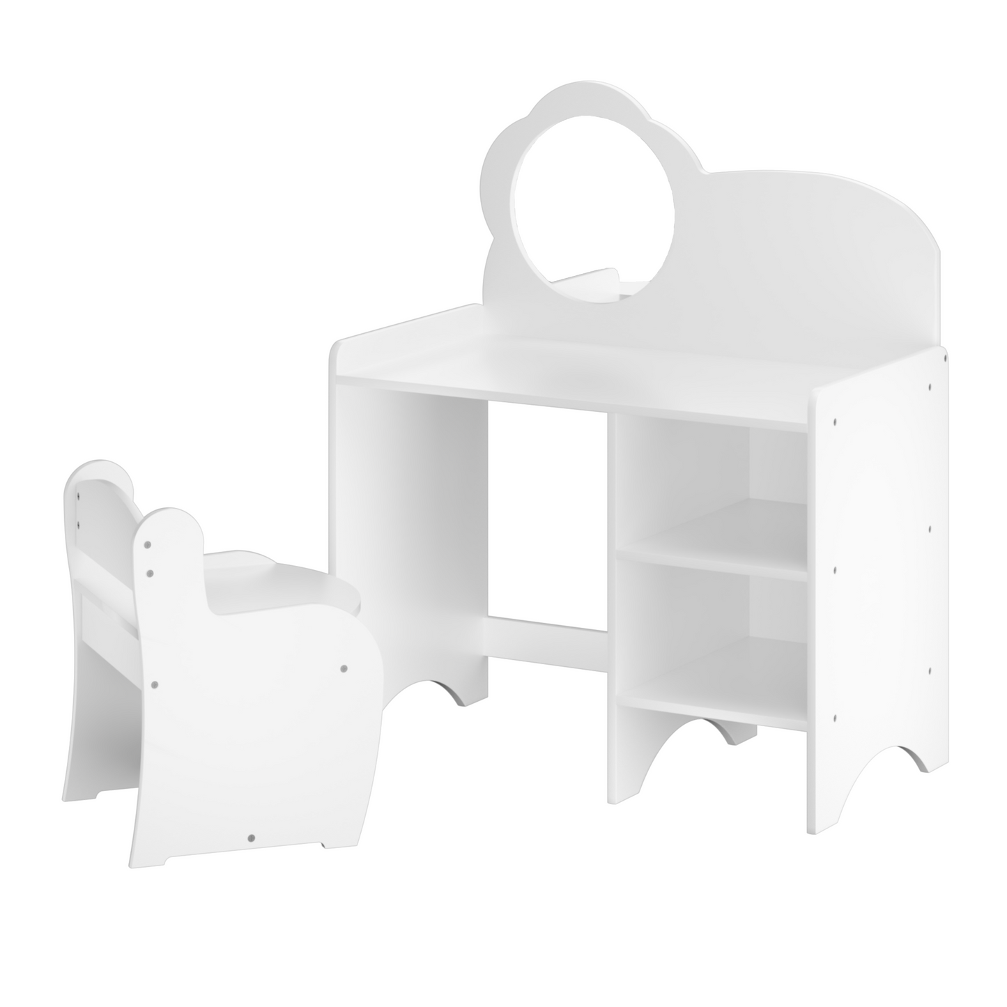 Kids Vanity Table with Mirror and Chair, Wooden Children's Dressing Makeup Desk with Storage Shelves, Study and Activity Table for Girls and Boys, Playroom Bedroom Furniture - White W808P346014