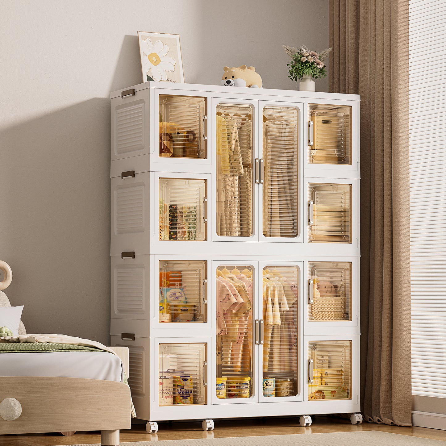 Portable Wardrobe Closet Storage Organizer for Clothes,Clothes Dresser,12 Magnetic Doors-12 Cubes & 2 Hanging Rod,16 pcs hangers , Baby Wardrobe Storage Cabinet,White W2699P184784