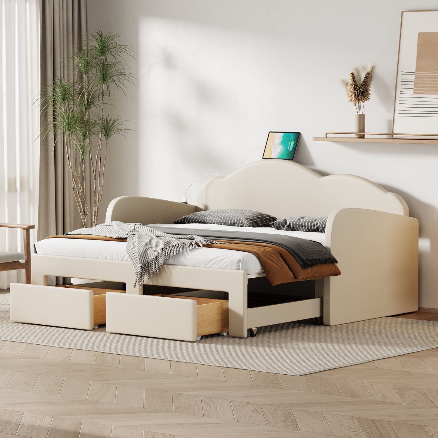 Twin Size Upholstered daybed with Cloud-Shaped Backrest, Trundle & 2 Drawers and USB Ports, Beige SF000070AAA