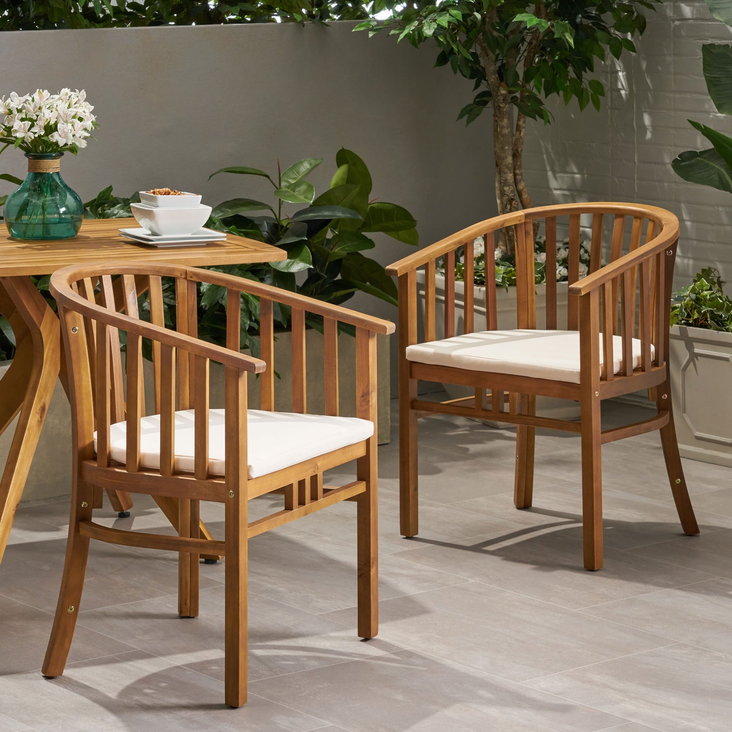 Outdoor Wooden Dining Chairs With Cushions, Set of 2, Cream, Teak Finish 65491