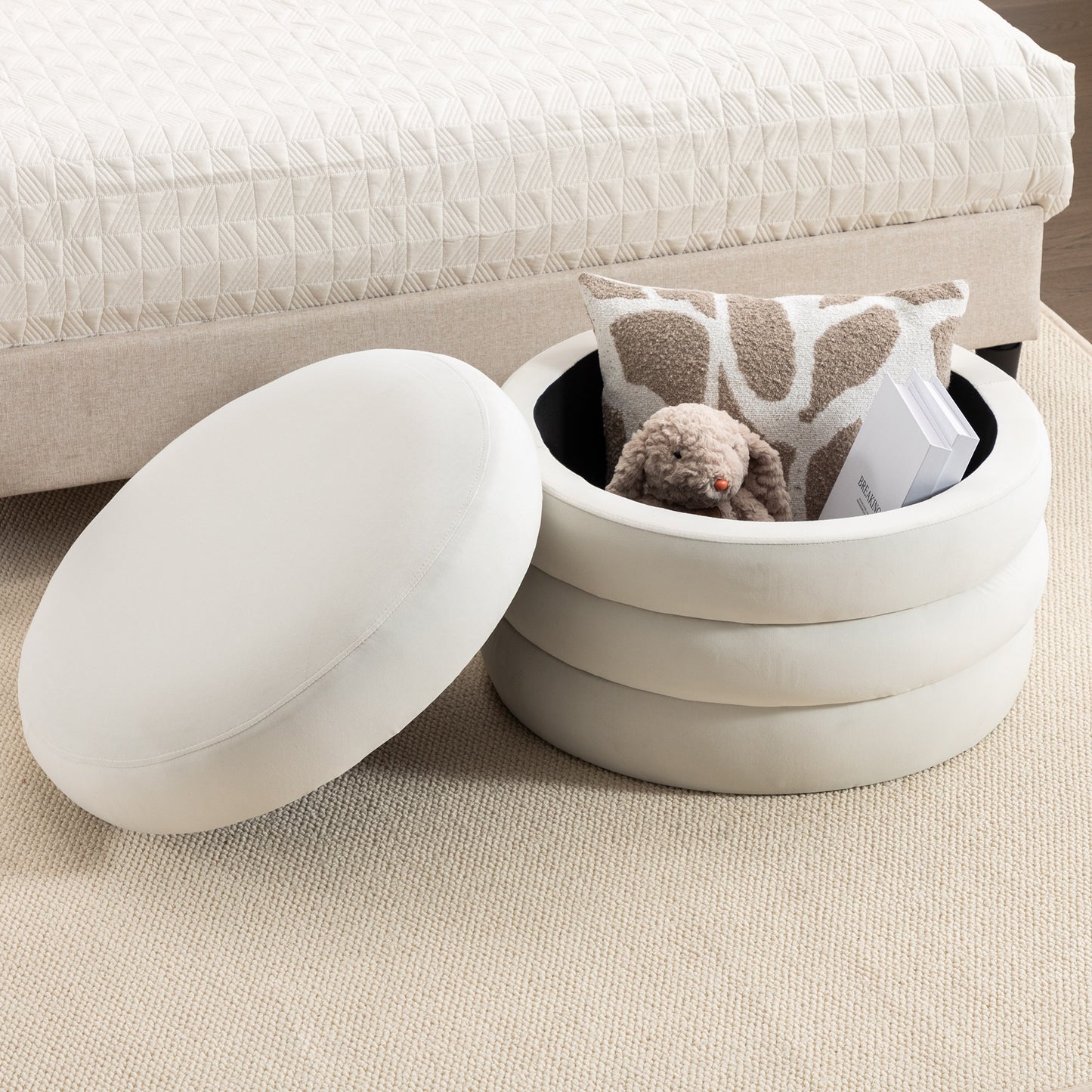 007-Velvet Fabric Storage Round Ottoman Footstool With Wooden Shelving,Ivory W527121976