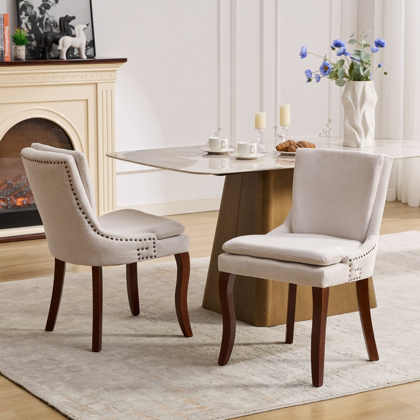 Modern Dining Chairs Set of 2,Double-layer Cushioned Chenille fabric Upholstered Accent Side Leisure Chairs with Mid Back and Curved Solid Wood Legs for Living Room/Dining Room-Beige W1143P207917