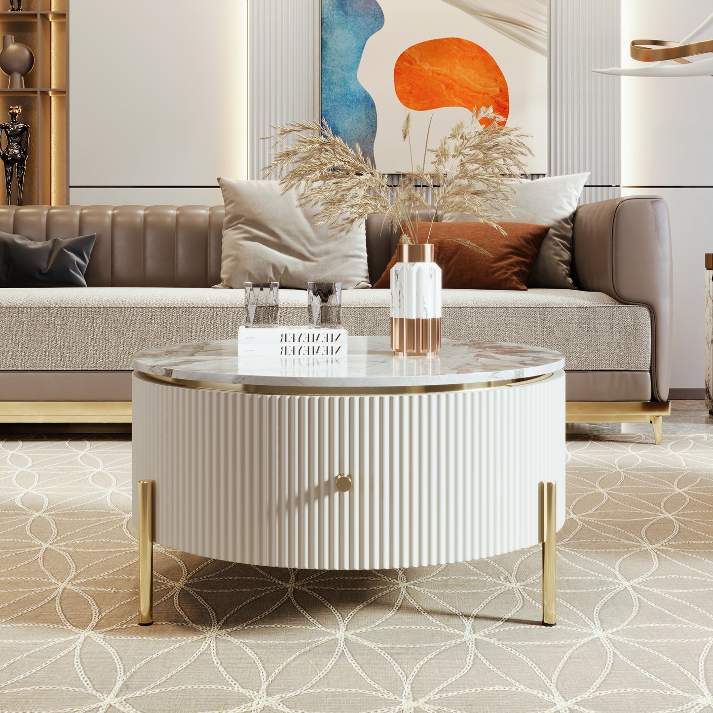 Modern Round Coffee Table with 2 large Drawers Storage Accent Table(31.5'') WF311606AAK