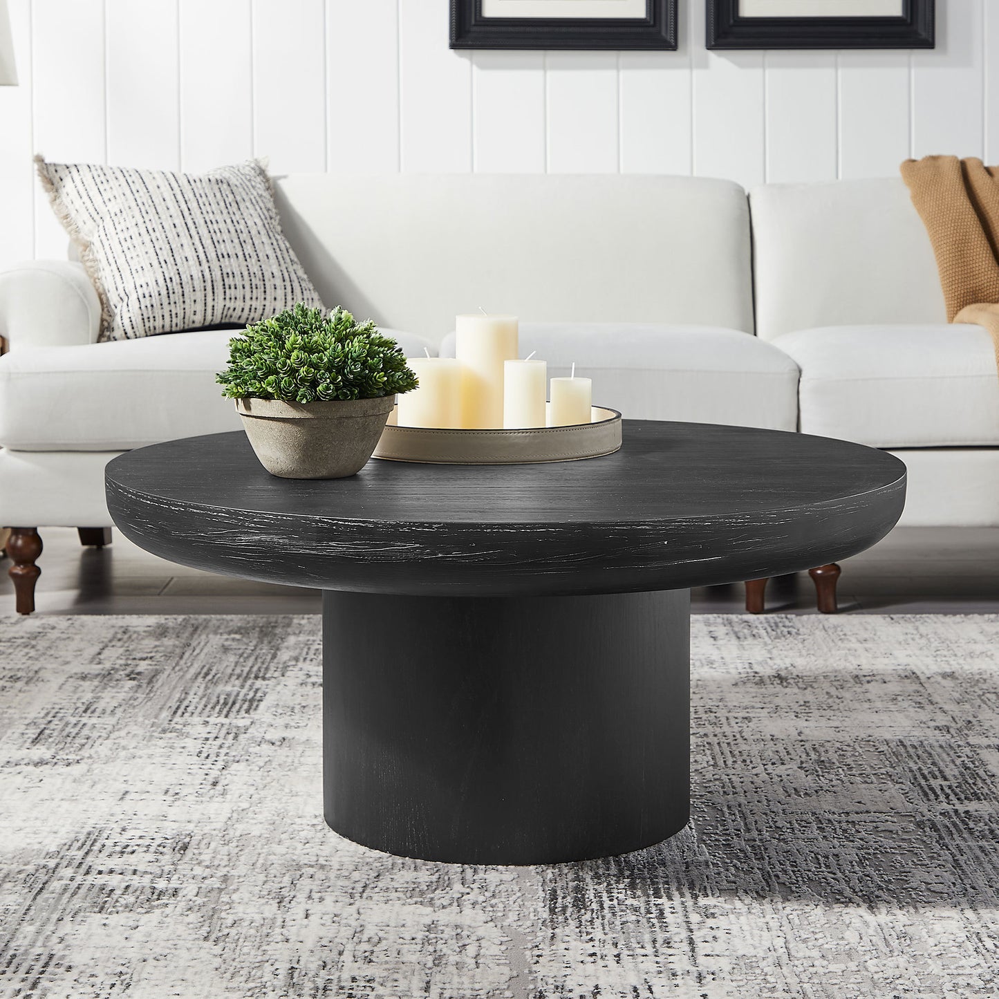 35.98inch Round Coffee Table with Cylindrical Leg,Wood Veneer Tabletop Table,Rounded Sofa Side Table for living Room Office,Black W2582S00095