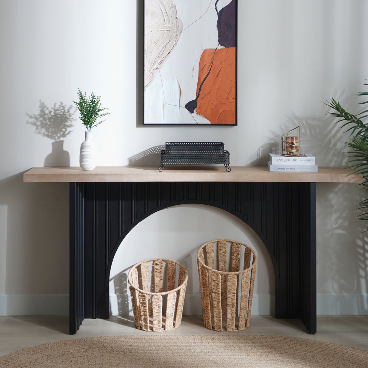 Modern Minimalist Console Table with Black Arch Base and Natural Wood Top,66in Length Console Table,Wood Table W2729P199007