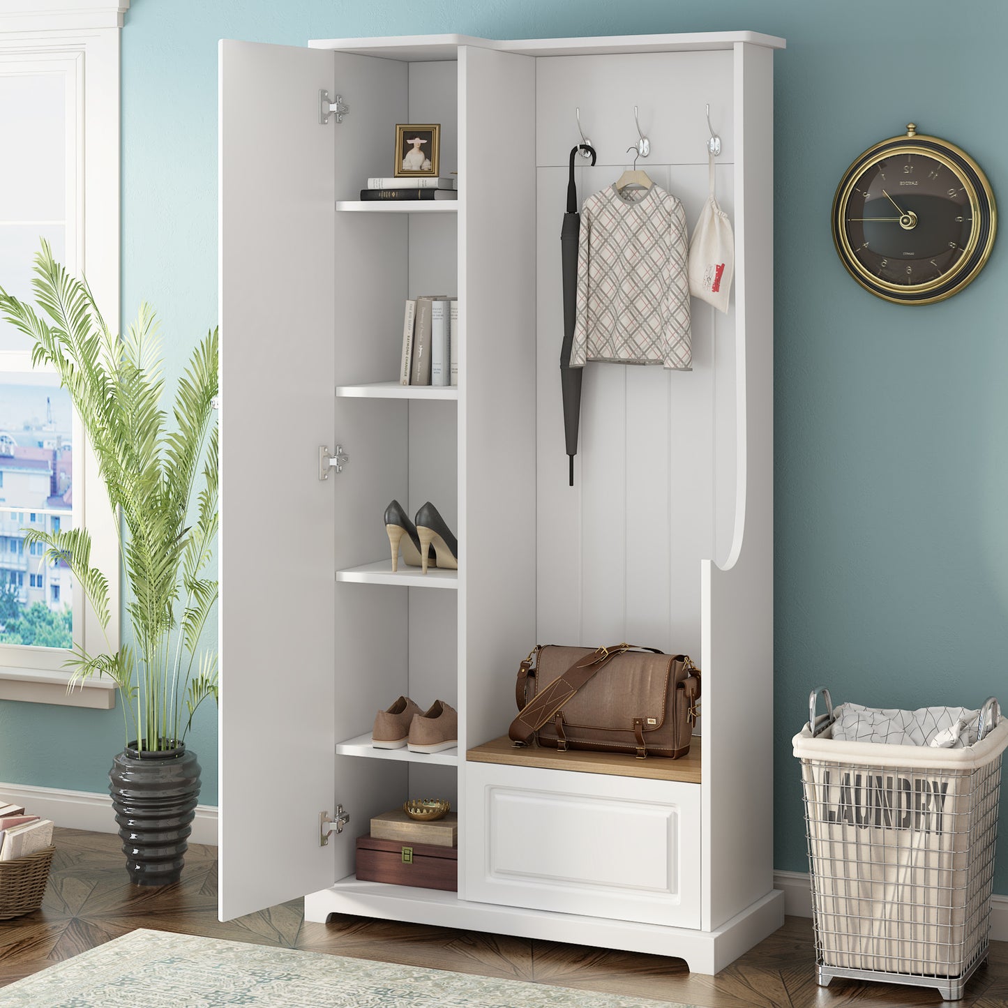 ON-TREND Stylish Design Hall Tree with Flip-Up Bench, Minimalist Hallway Shoe Cabinet with Adjustable Shelves, Multifunctional Furniture with Hanging Hooks for Entryways, Mudroom, White WF304223AAK