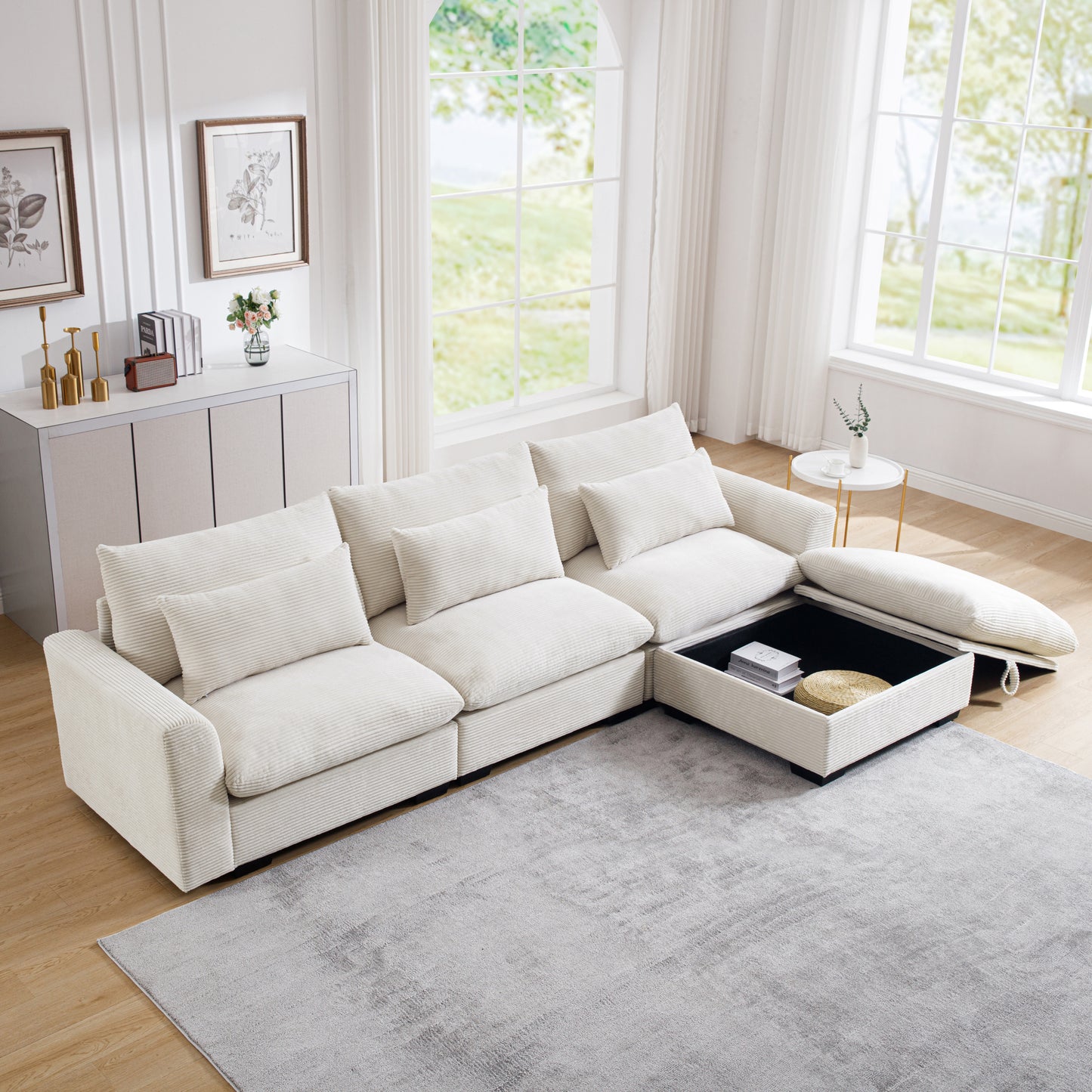 Corduroy Sectional Sofa, L Shaped Couch with Storage Footstool and 3 Pillow, Sectional Couch for Living Room Apartment, Beige W714S00641