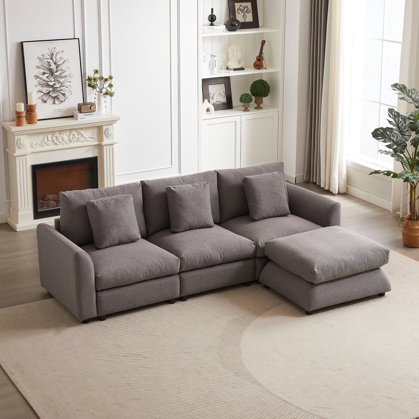 MH102.2 Inch Combination Sofa Modular Sofa with Ottoman, plastic leg,Three Cushions and Three Pillows for Living Room, Apartment, Studio L-Shaped Sofa Sleeper Comfort Upholstered Furniture,grey W1193S00138