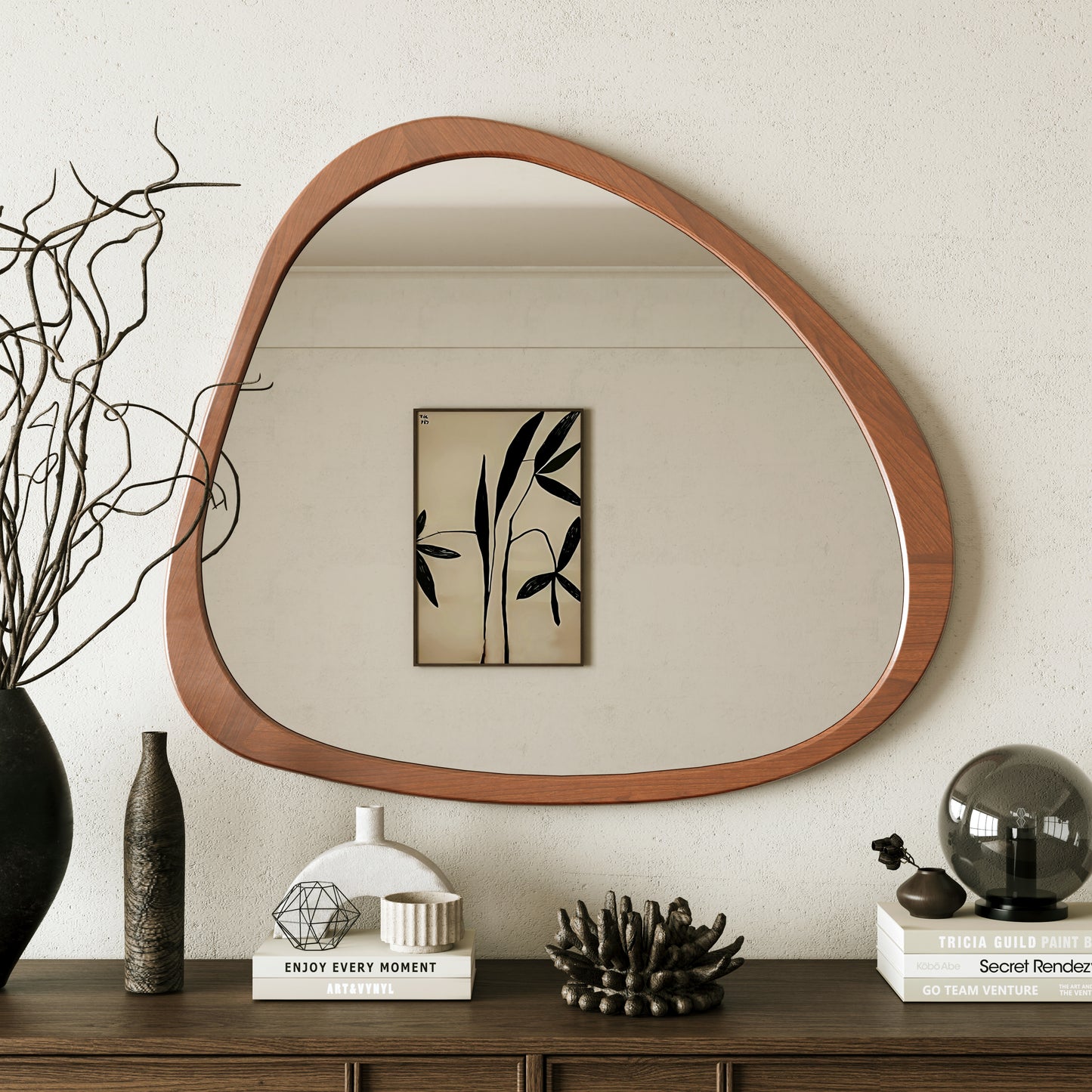 Solid Wood Mirror 45 Inch Asymmetrical Wall Mirror Wooden Framed Mirror Large Sized Dressing Mirror, for Living Room, Bedroom, Bathroom, Hallway or Entry Way, Walnut W1435142944
