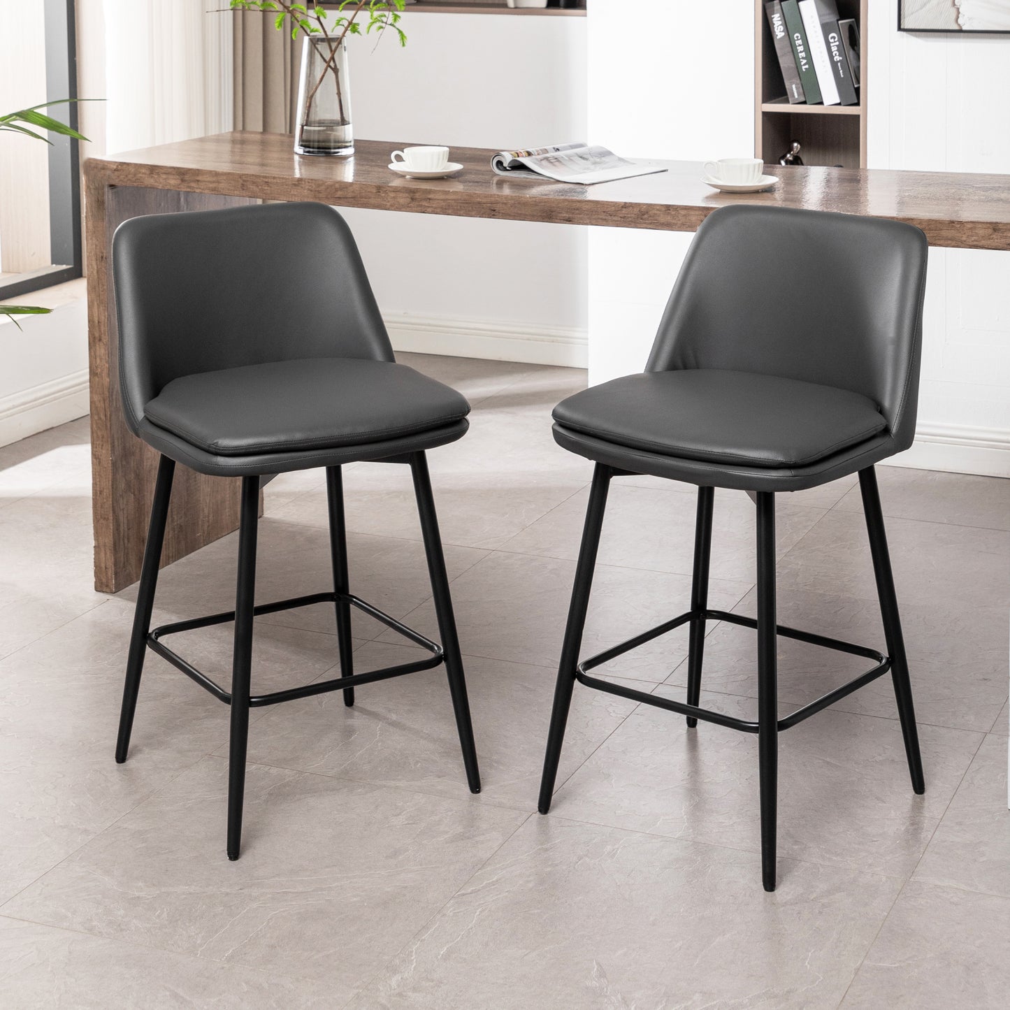 Counter Height Swivel Bar Stools Set of 2, 360° Swivel Upholstered Barstools with Back and Metal Legs, 25.6' Seat Height,Counter Stools for Kitchen Island and Pub,Faux Leather,Grey W2200P152173