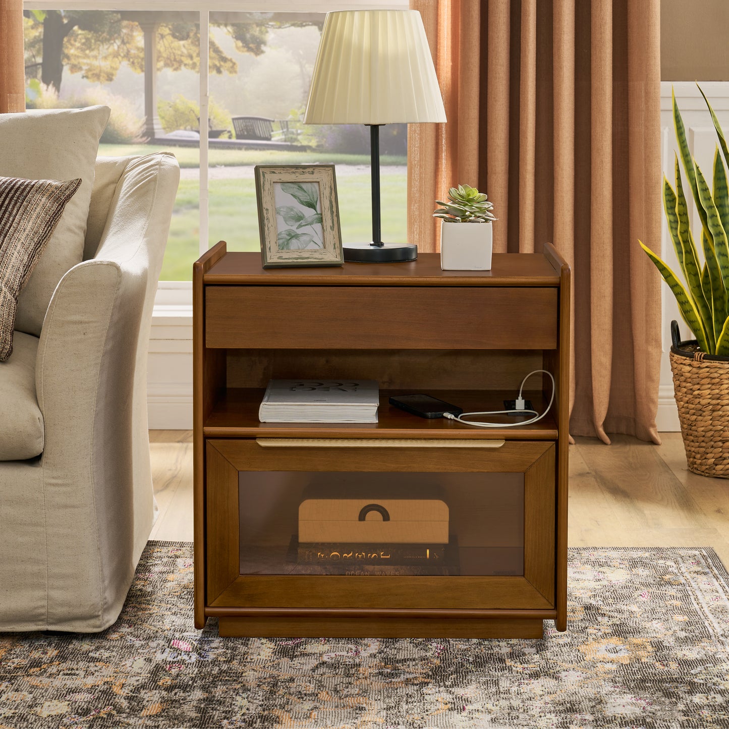 Mid Century Modern Nightstand with Charging Station & Outlet Hole & 2 Drawers, Farmhouse End Table with Open Shelf & Glass Drawer Dresser, Side Cabinet for Living Room Reception Room Dorm, Dark Walnut W1801P303389