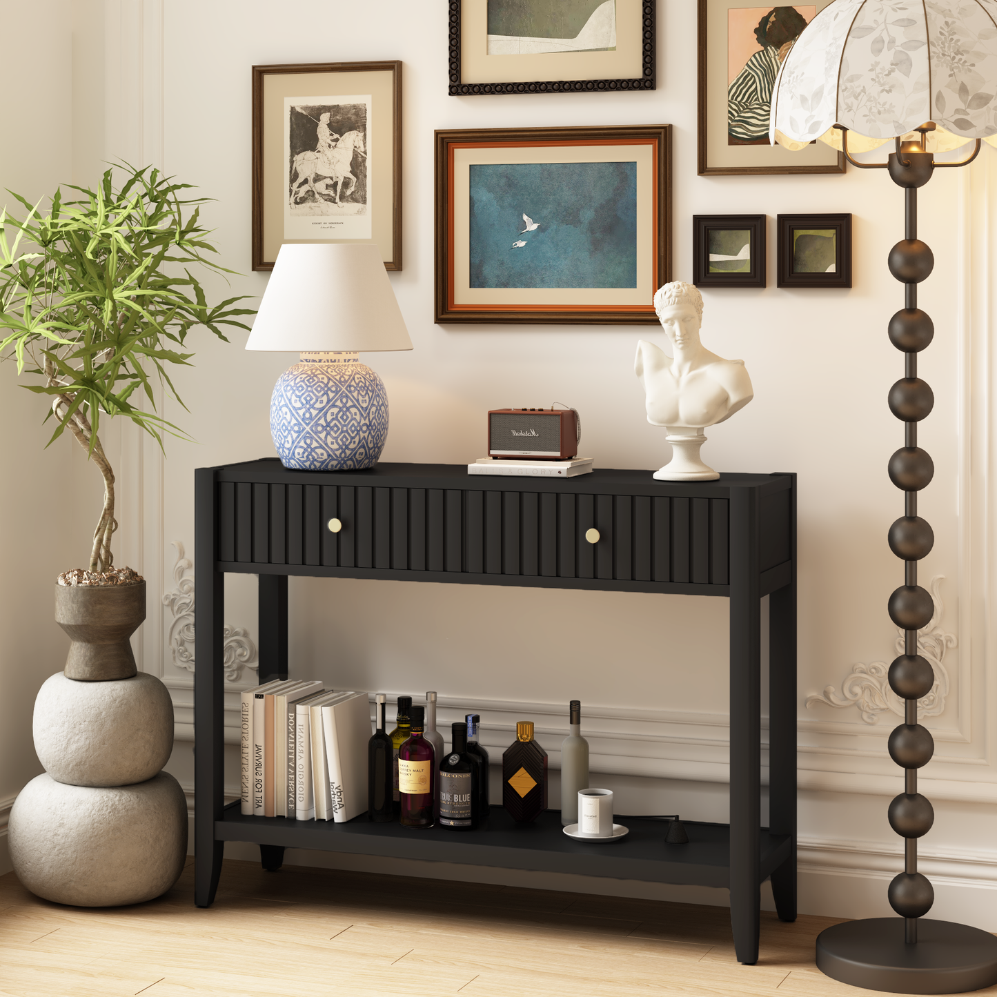 Console Table with Drawers, Narrow Wood Accent Sofa Table Entryway Table with Storage Shelf for Entryway, Front Hall, Hallway, Living Room, Black W808P402128