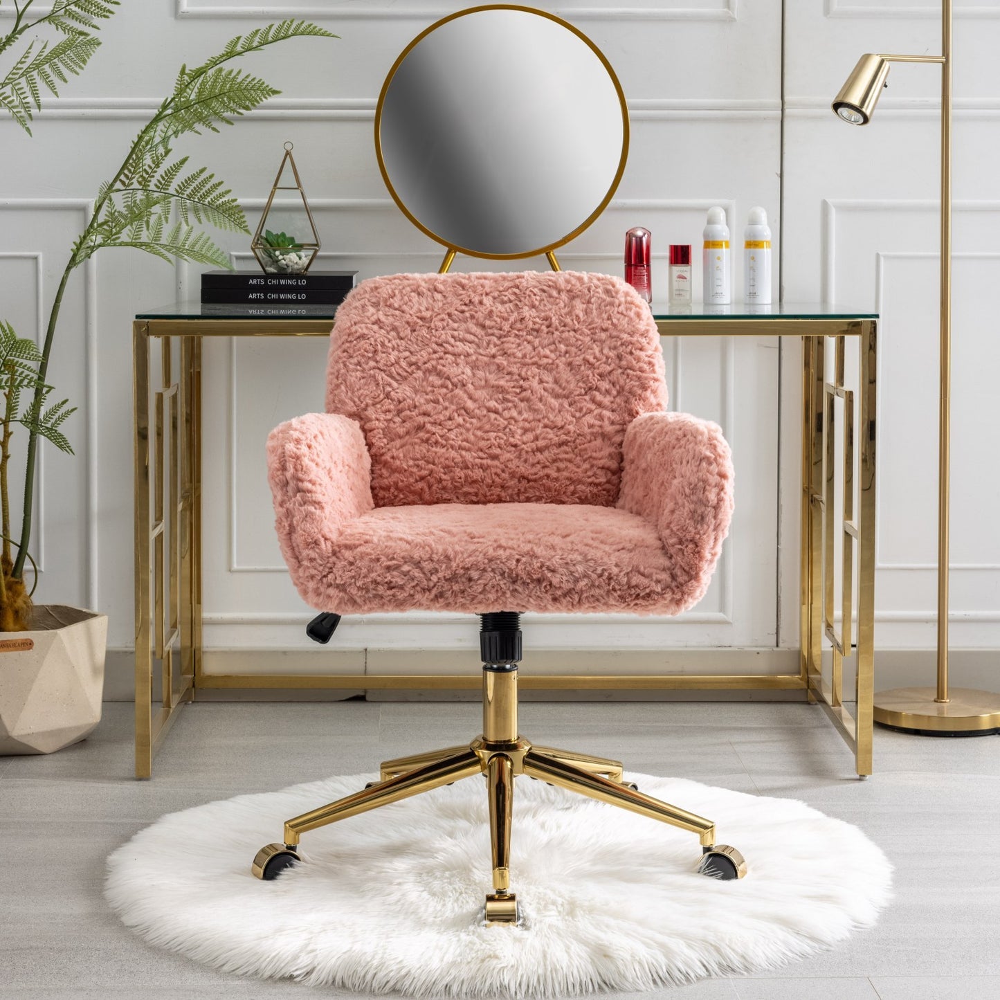 A&A Furniture Office Chair,Artificial rabbit hair Home Office Chair with Golden Metal Base,Adjustable Desk Chair Swivel Office Chair,Vanity Chair(Pink) W1143125532