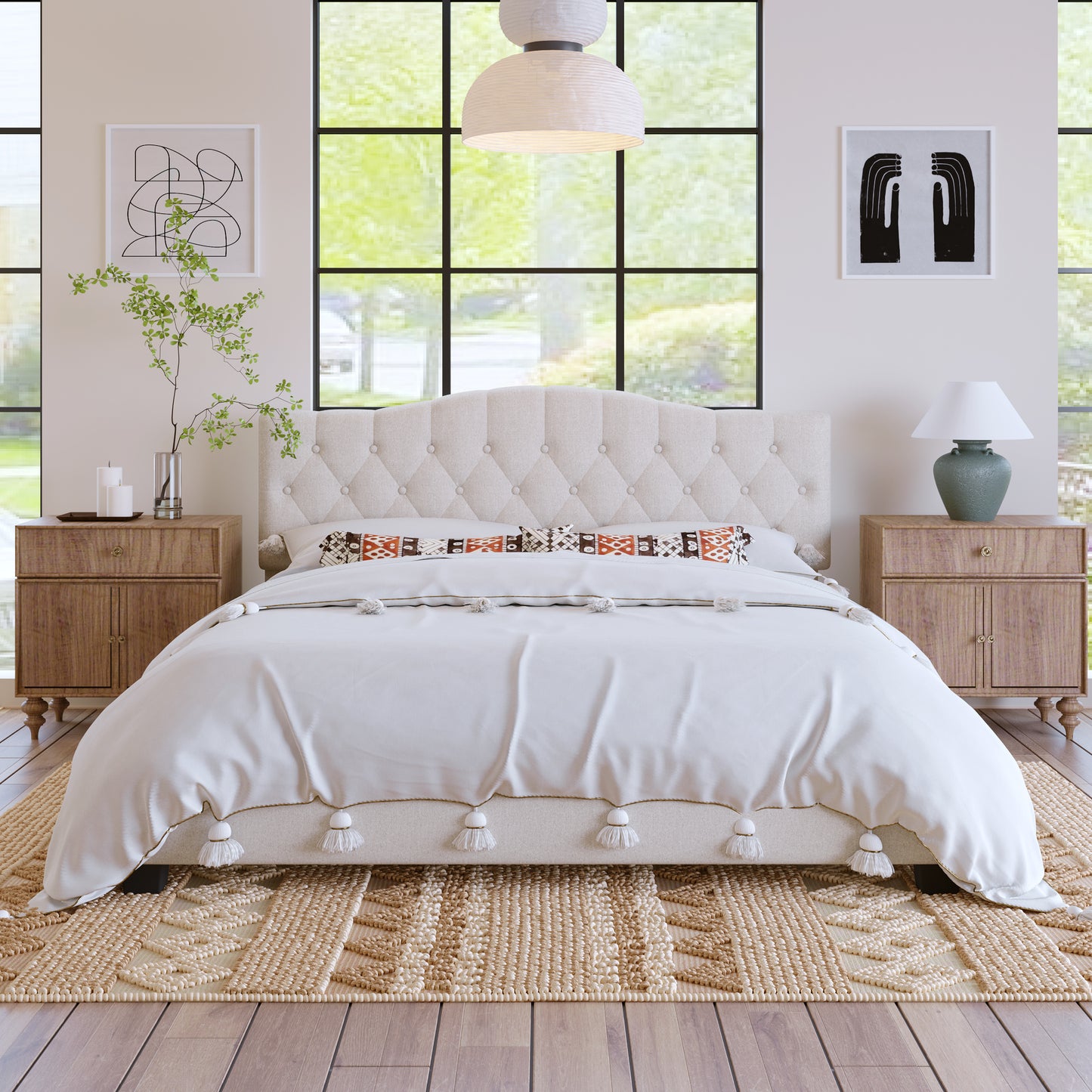 Upholstered Platform Bed with Saddle Curved Headboard and Diamond Tufted Details, King, Beige WF294420AAA