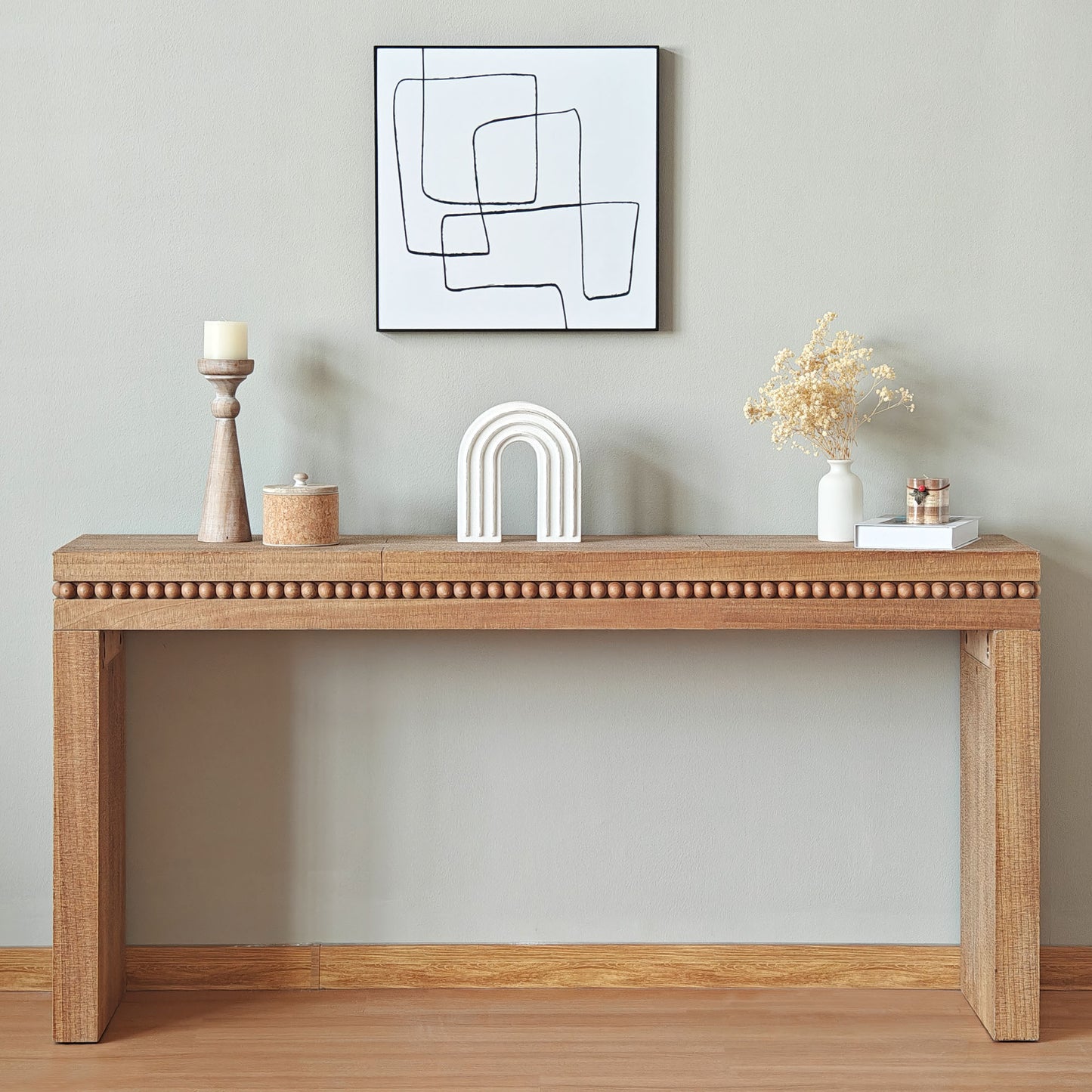 64in Rustic Wood Console Table – Elegant Entryway Table with Decorative Beaded Trim W2729P198988
