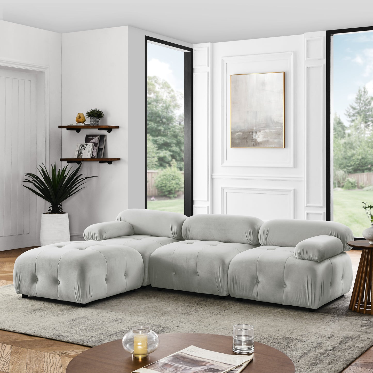 Modular Sectional Sofa, Button Tufted Designed and DIY Combination,L Shaped Couch with Reversible Ottoman, Grey Velvet W1413S00021