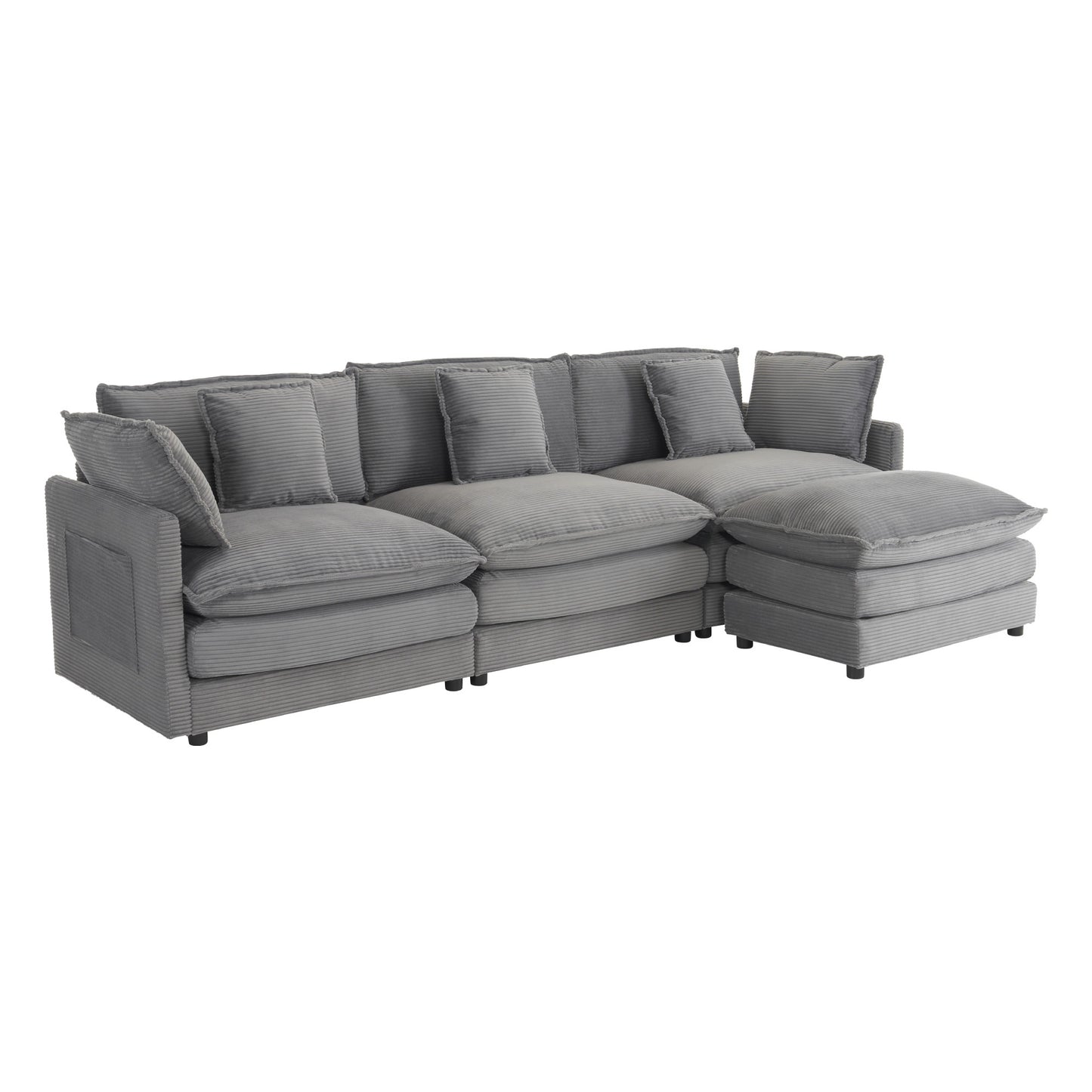 Modern Upholstered Corduroy L-Shape Sectional Sofa with Side Storage Pockets, Dark Grey, 112.6 Inches N719S001723E