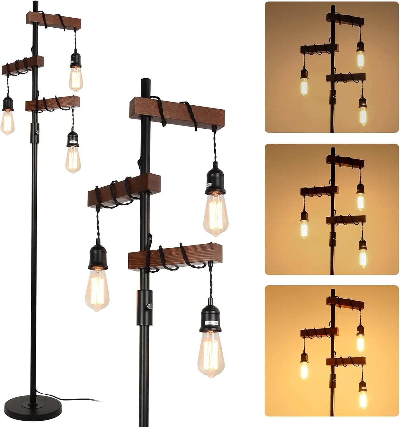 Dimmable Industrial Floor Lamp, Farmhouse Tree Floor Lamp, 68 Inch 3 Lights Wood Standing Lamp, Sturdy Base Tall Vintage Pole Light, Metal Black Floor Lamps for Living Room Bedroom Office Rustic Home W2738P227440