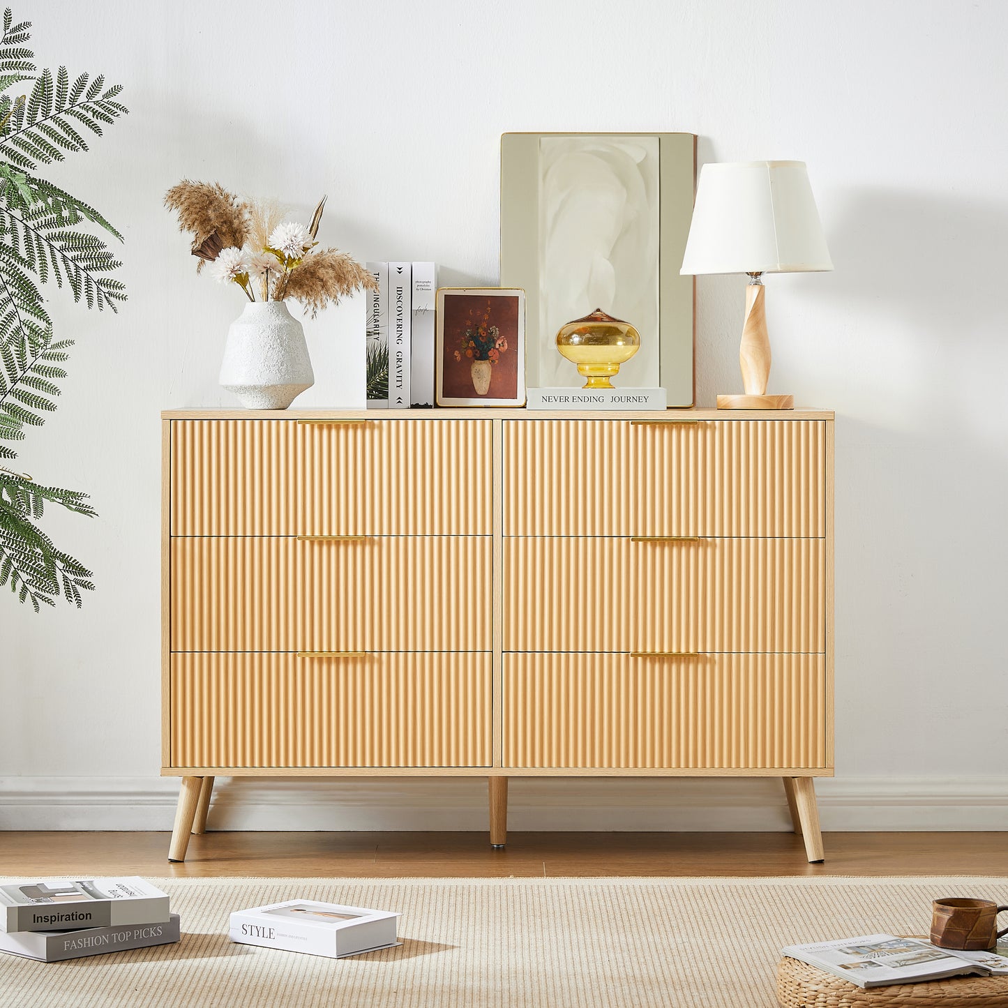 Bedroom Dresser, 6 Double Dressers with Wavy Drawers, Wooden Chest of Drawers for Children's Room, Living Room, Entrance and Hallway, Natural, 47.2''W x 15.8''D x 31.7''H. W1162P190403