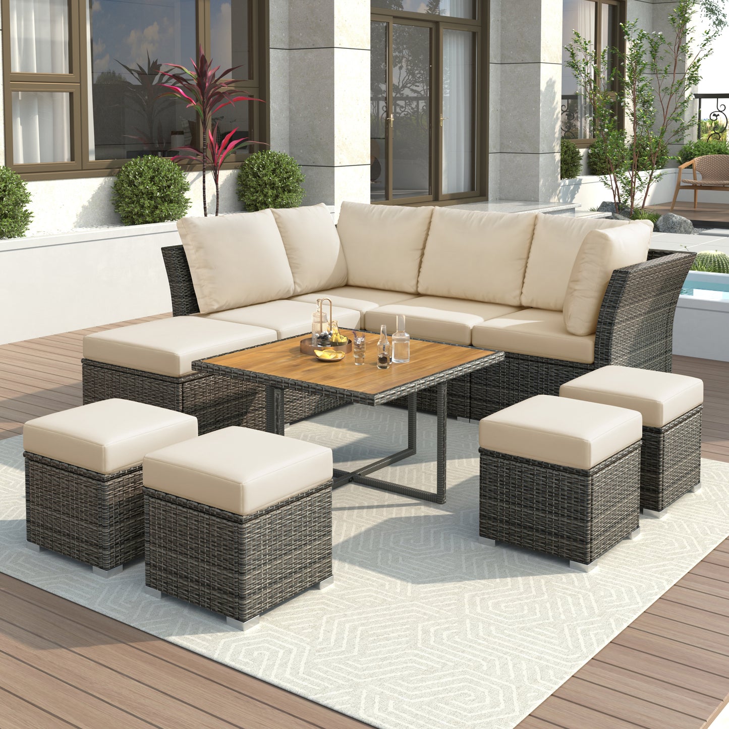 U_STYLE Patio Furniture Set, 10 Piece Outdoor Conversation Set, CoffeeTable with Ottomans, Solid wood coffee table WY000378AAA