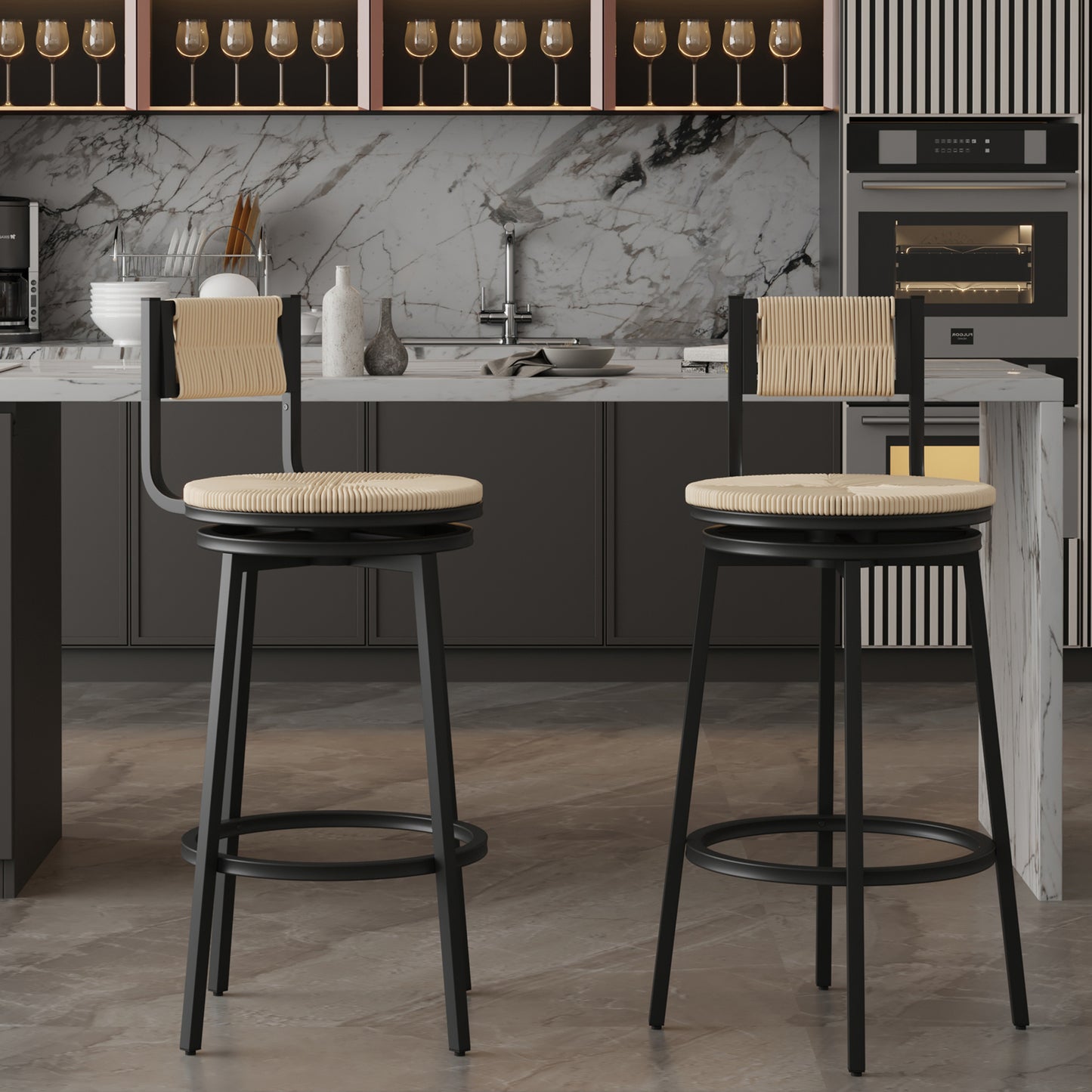 Creamy White Bar Stools Swivel Counter Chairs with Metal Frame Set of 2 Hand Woven Paper Rope Dining Barstools for Kitchen Counter (Creamy White) W1757P144565