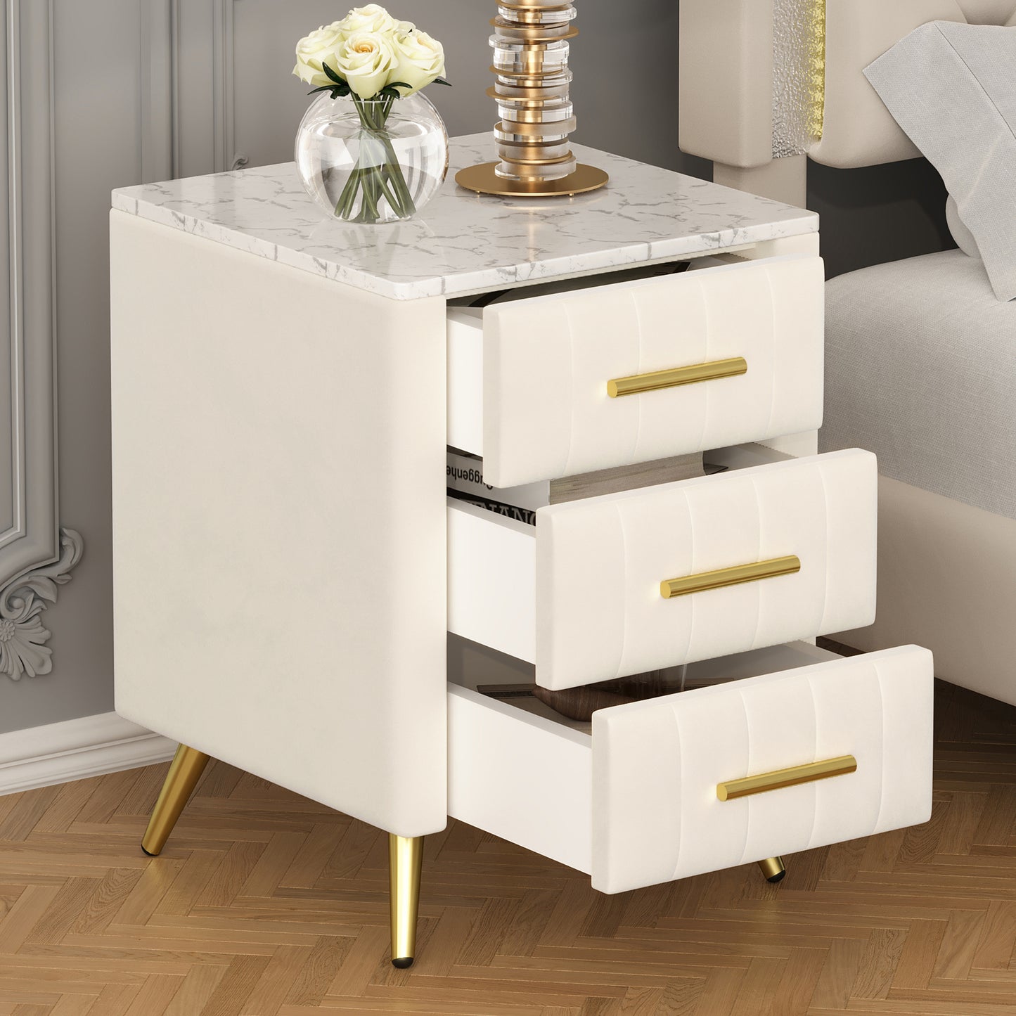 Upholstered Wooden Nightstand with 3 Drawers and Metal Legs&Handles, Bedside Table with Marbling Stickers Worktop - Beige N733P208520A