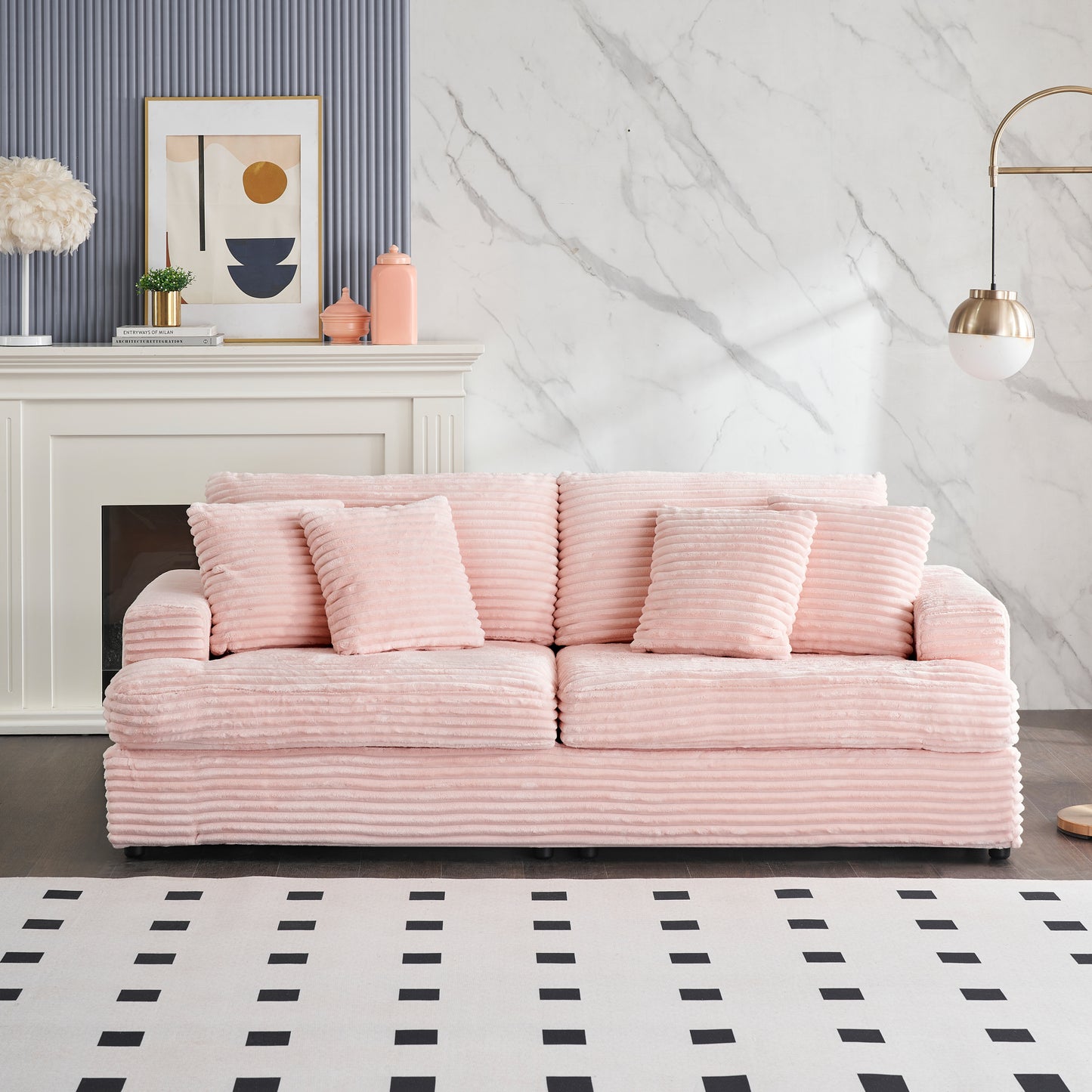 79.3 inches long, Corduroy Sofa, with 4 Matching Toss Pillows Sleek Design Spacious and Comfortable 3 Seater Couch for Modern Living Room,PINK W1658S00043