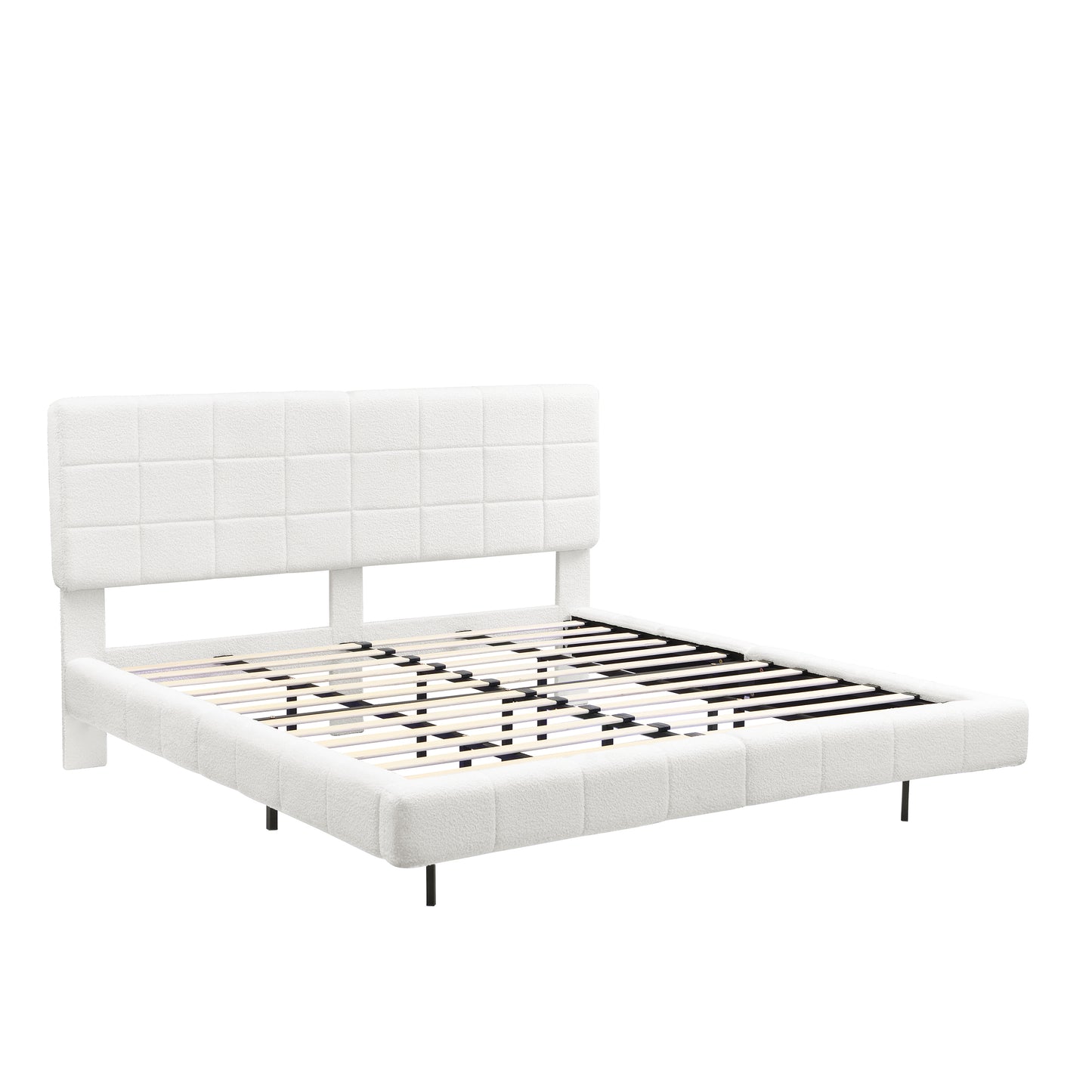 White Boucle Floating Bed with Light, King Size, Wood and Fabric Construction, Soft Touch Surface, Modern Design N769P304636W