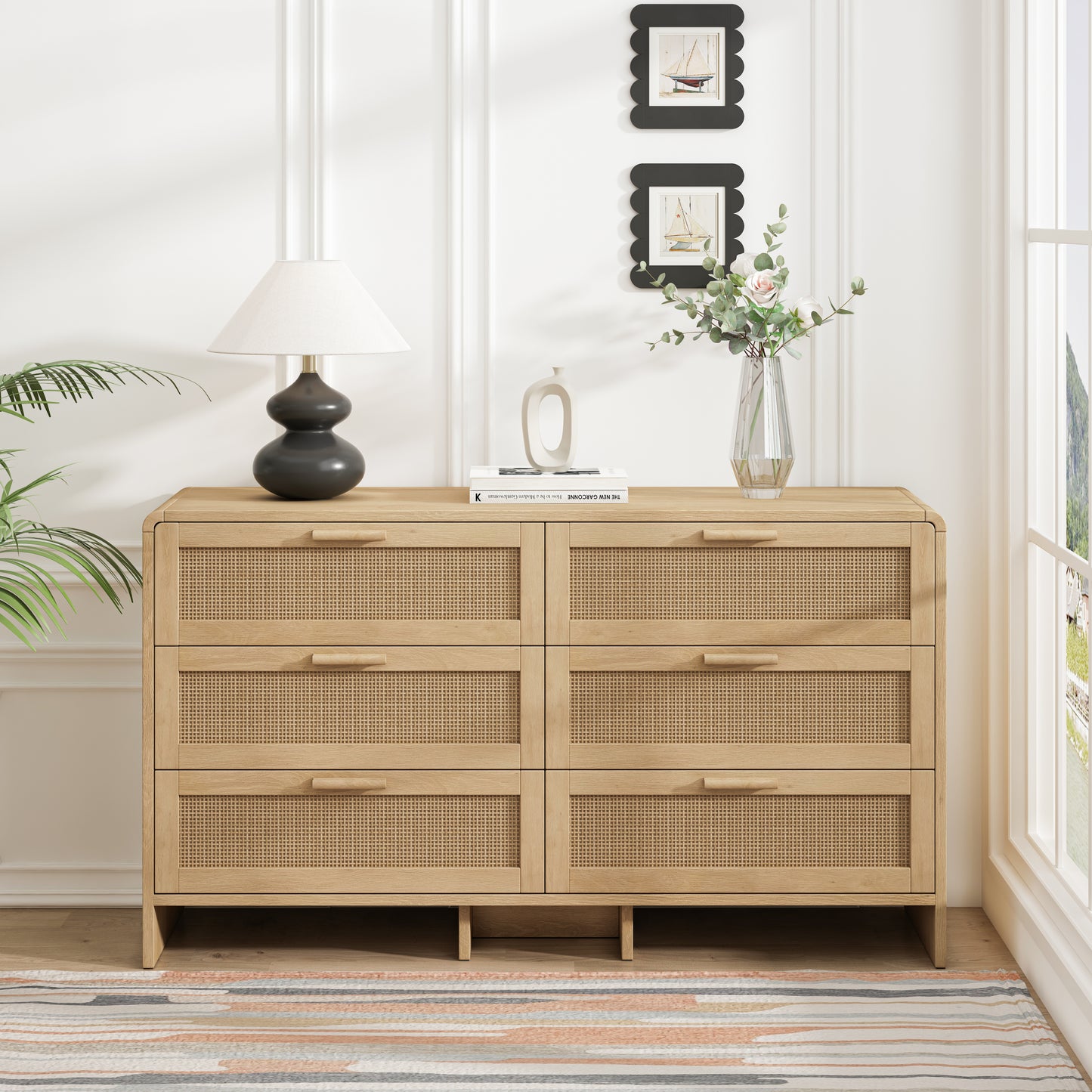 51.18'' Arc Shaped Corner Rattan Cabinet, 6-Drawers Rattan Storage Cabinet Rattan Drawer, for Living Room Bedroom,and Kitchen W757P242780, Natural