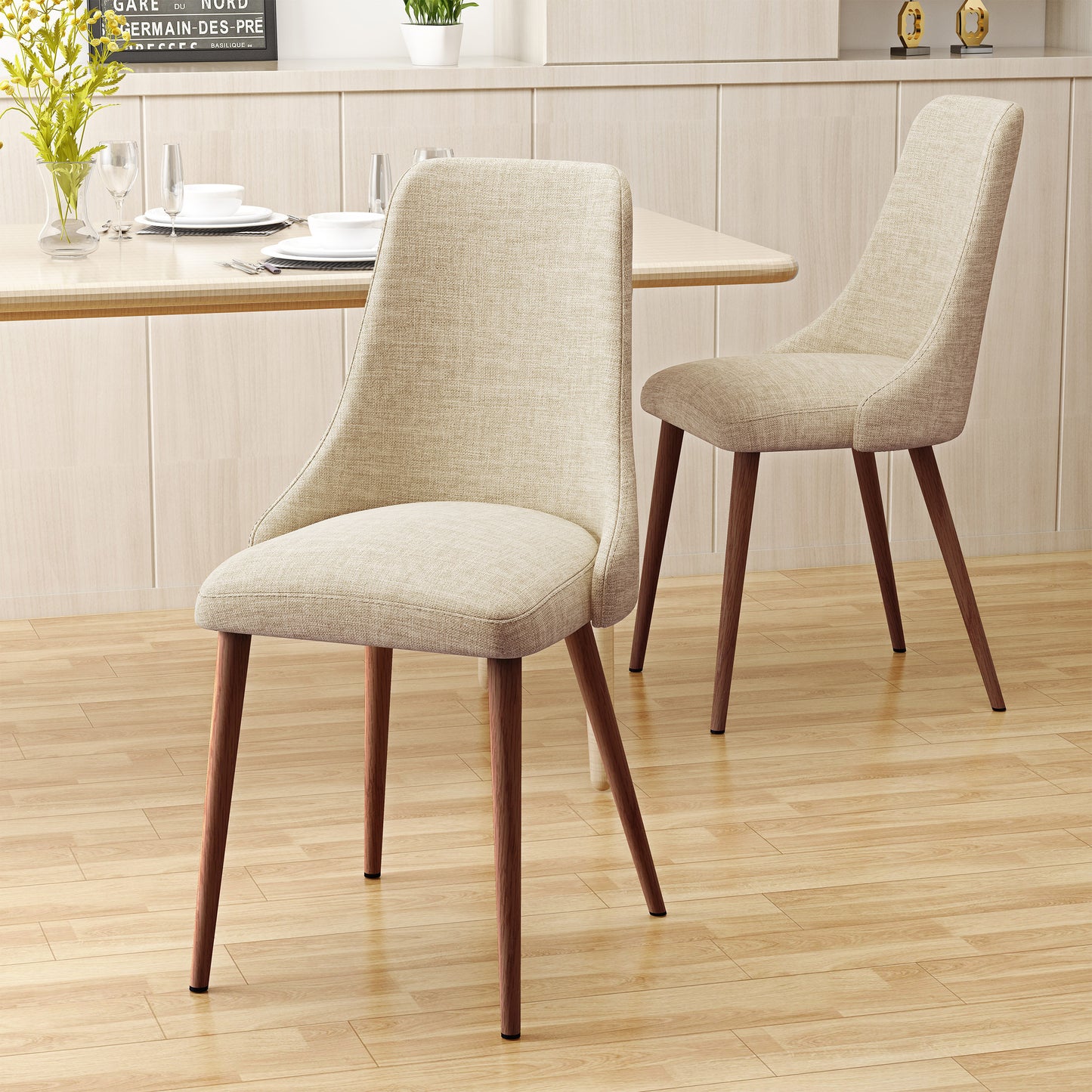 Mid Century Modern Fabric Armless Dining Chairs, Set of 2, Wheat and Dark Walnut 60783.00WET