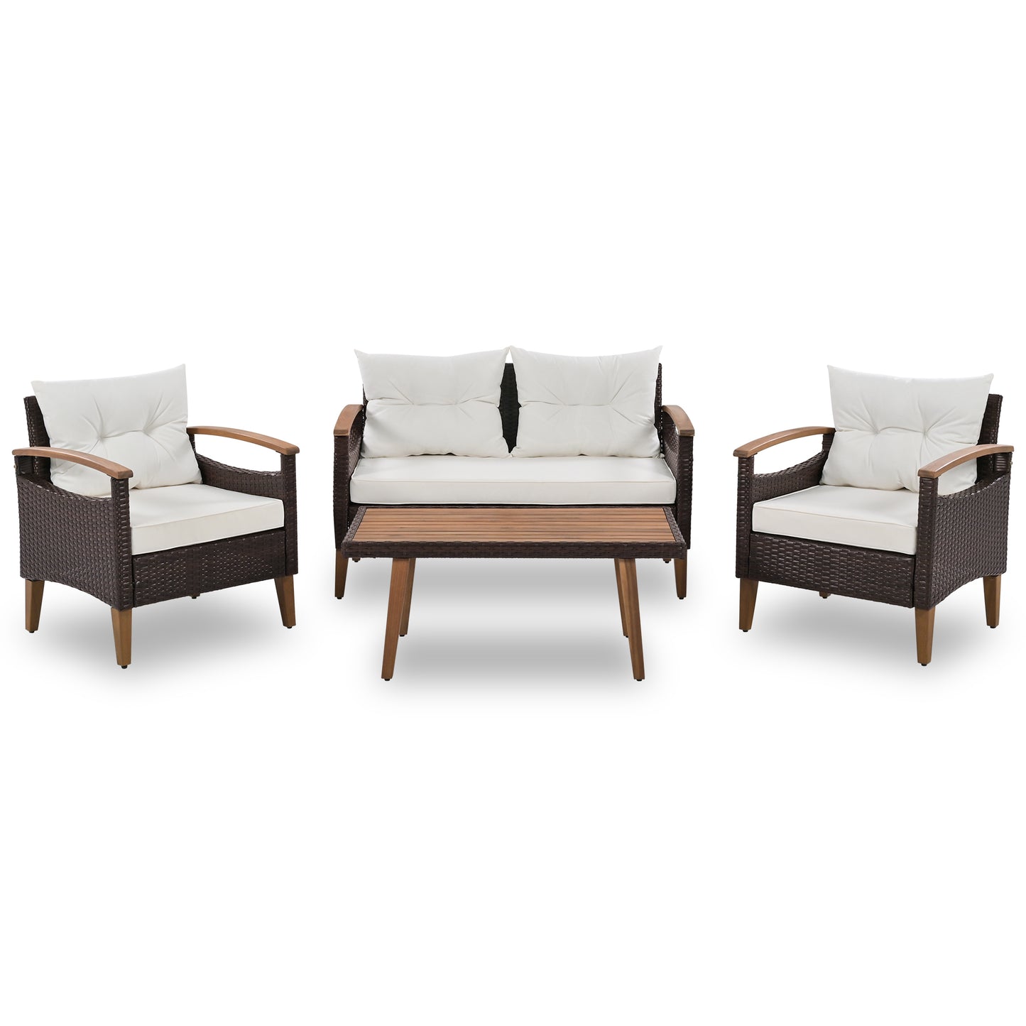 4 Piece PE Rattan Outdoor Sofa Set with Wood Table and Legs, Brown and Beige FG201222AAA