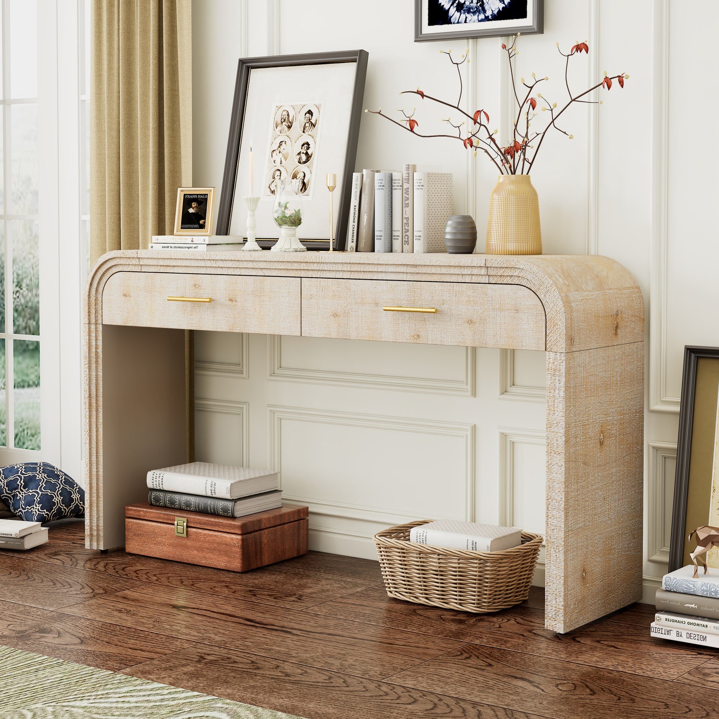 TREXM Unique Retro Silhouette Console Table with Open Style, Two Top Drawers for Entrance, Dinning Room, Living Room (Natural Wood Wash) WF317094AAD
