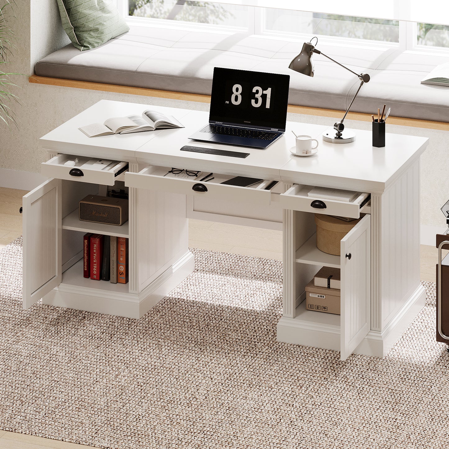 67''Modern Executive Desk,Computer Desk with 2 Storage Cabinet and 3 Drawers, Rectangle Home Office Desk with back ,Reading Desk,Writing Table,Workstation for Home Office,Living Room,study,White N751S211942K
