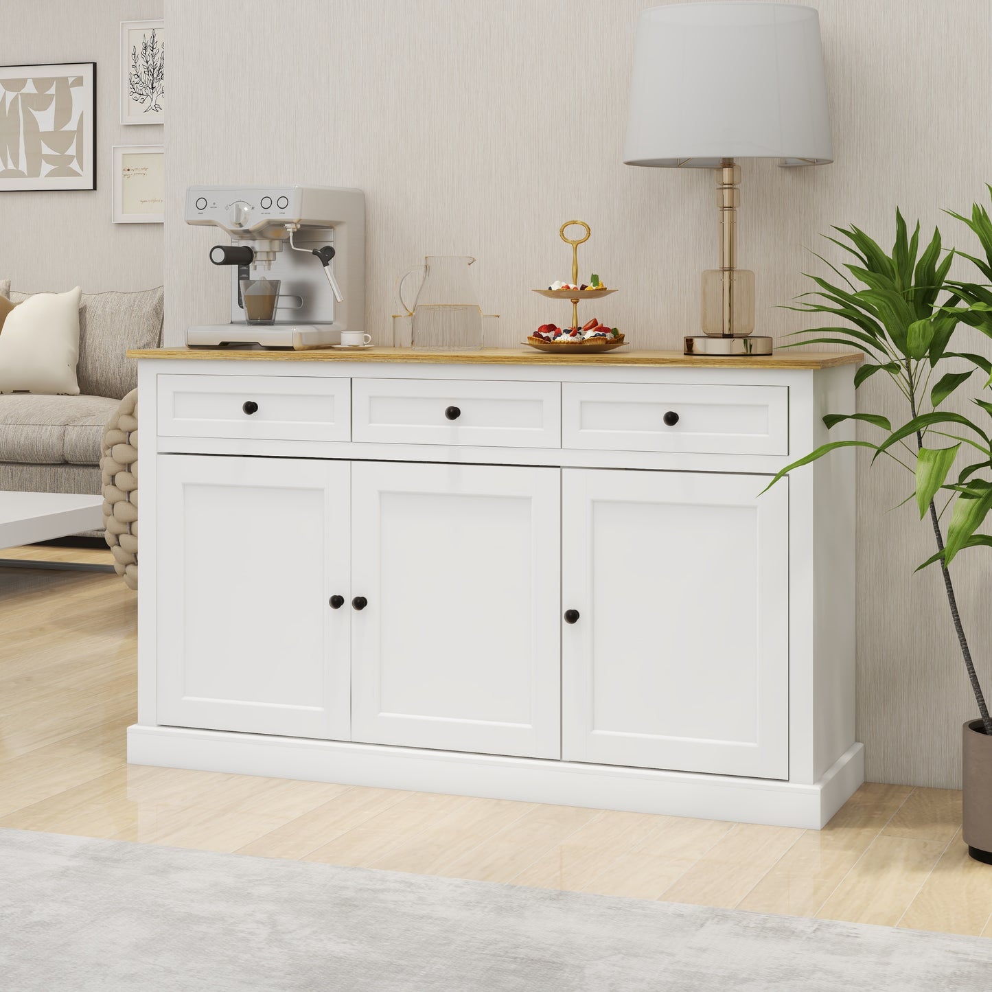 Buffet Cabinet Storage Sideboard Farmhouse Server Bar Wine Cabinet with 3 Drawers & 3 Doors Adjustable Shelves for Dining Room Living Room Kitchen Cupboard-White W282P160416