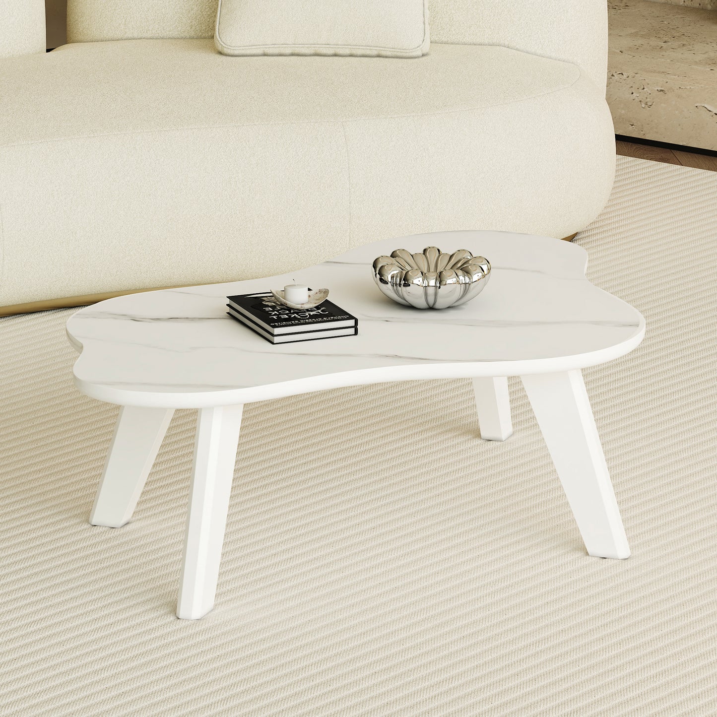 Modern minimalist white imitation marble tabletop coffee table. Solid wood spray painted desk legs, cloud shape to give you a new experience, computer desk. Suitable for dining and living rooms. W1151P165879