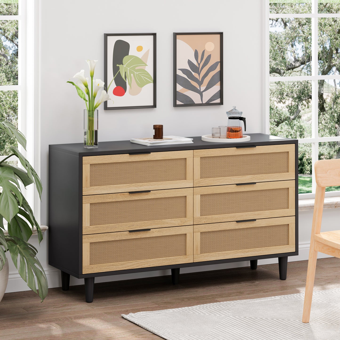 51.18'6-Drawers Rattan Storage Cabinet Rattan Drawer with White Drawer Slides,for Bedroom,Living Room,Black W757P162761