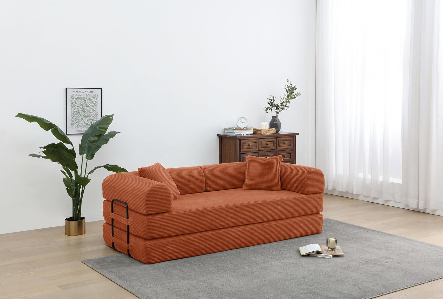 Convertible Sleeper Sofa Bed with Cylindrical Pillow - Corduroy Folding Mattress Couch with Fixed-Shape Frame for Living Room, Bedroom, Lounge, Studio - ORANGE W3199P309397