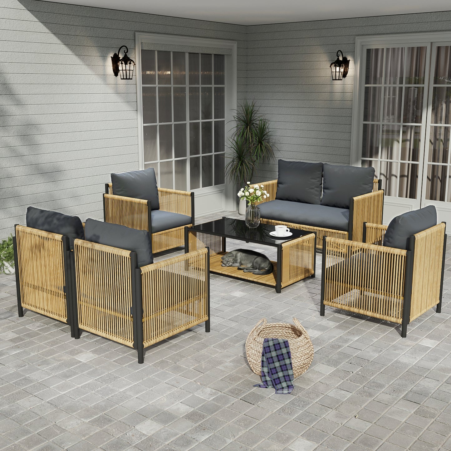 New Comming Patio 6 Pieces Brown PE Wicker Sofa Set with Grey Cushion W400S00048