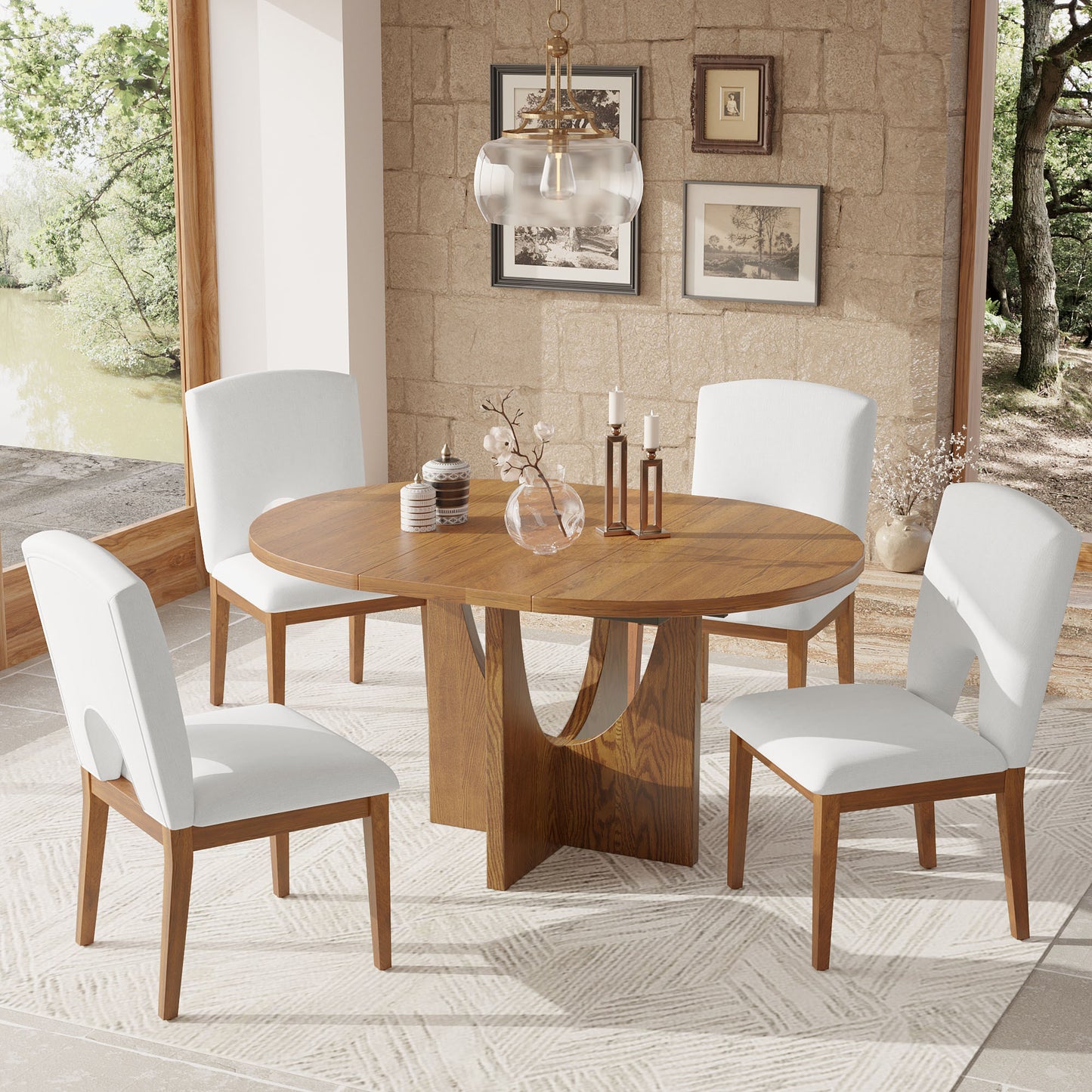 TOPMAX Modern 5-Piece Extendable Round Dining Table Set with 16.2inch Removable Leaf for Small Places, Walnut+Beige SP000062AAD